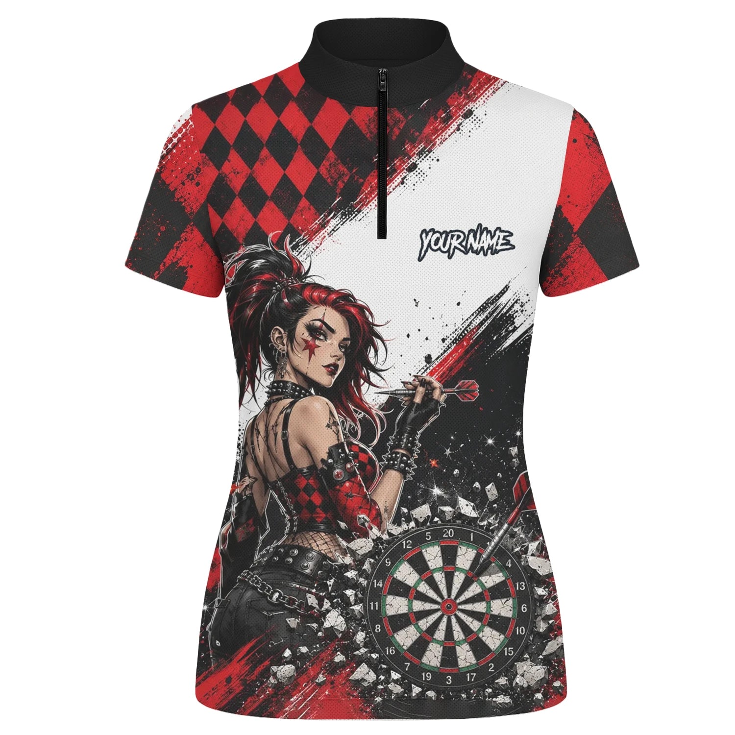 Personalisiertes Rot-schwarzes Gothic-Harlekin Dart Poloshirt für Damen K572