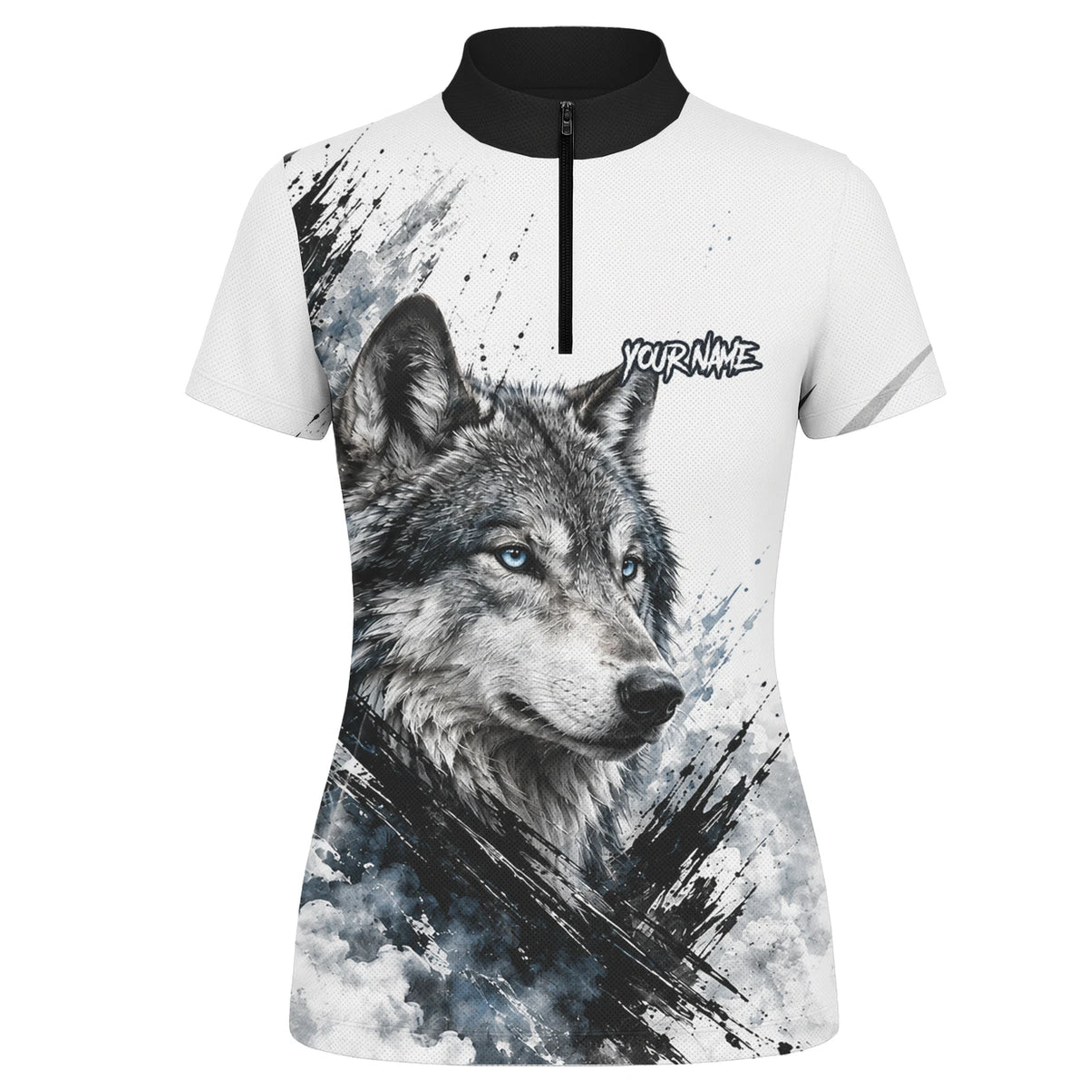 Personalisiertes Dartshirt mit weiß-schwarz-blauem Wolf für Damen P634