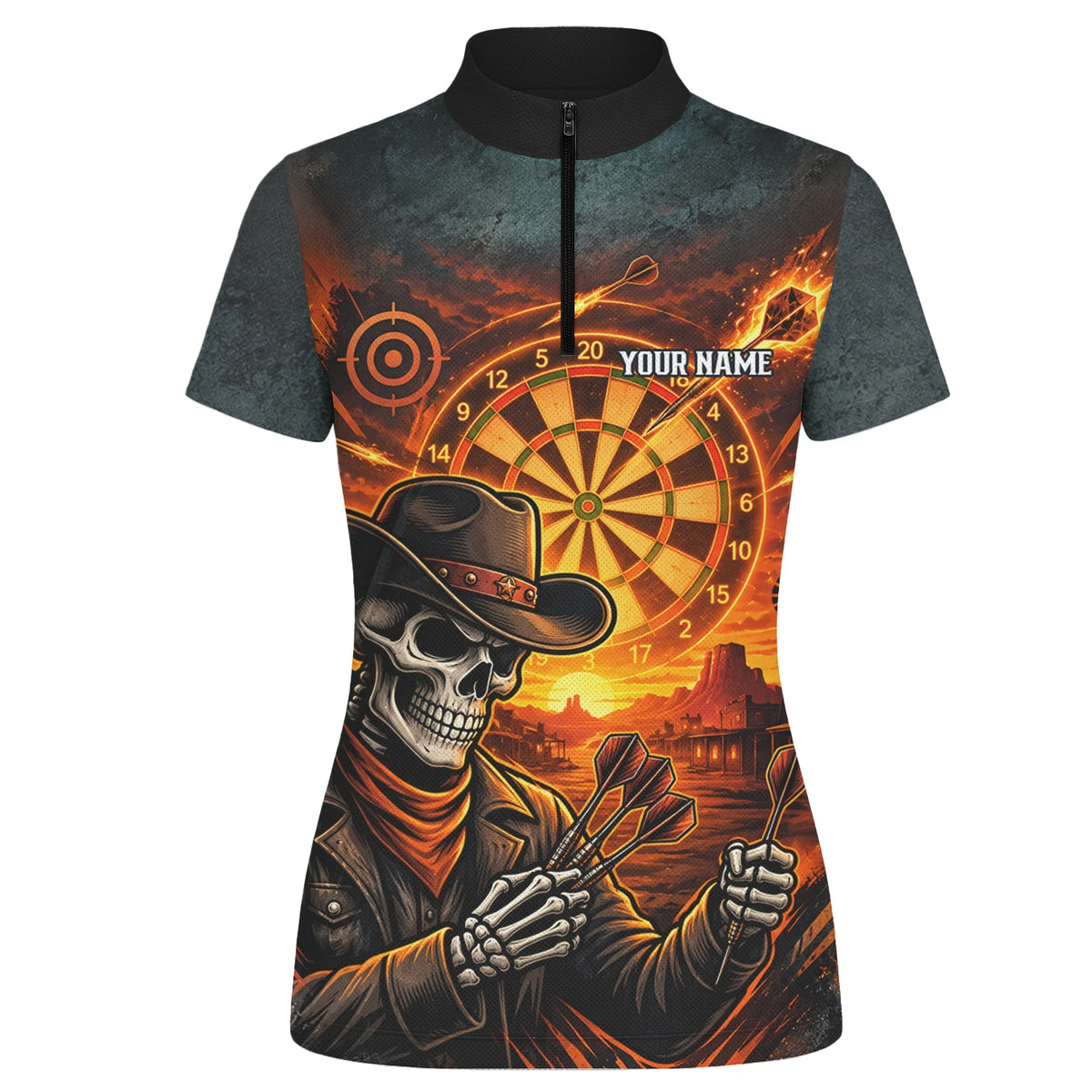 Personalisiertes Dartshirt in Schwarz und Orange mit Western-Cowboy-Totenkopf und Dartscheibe für Damen L8691