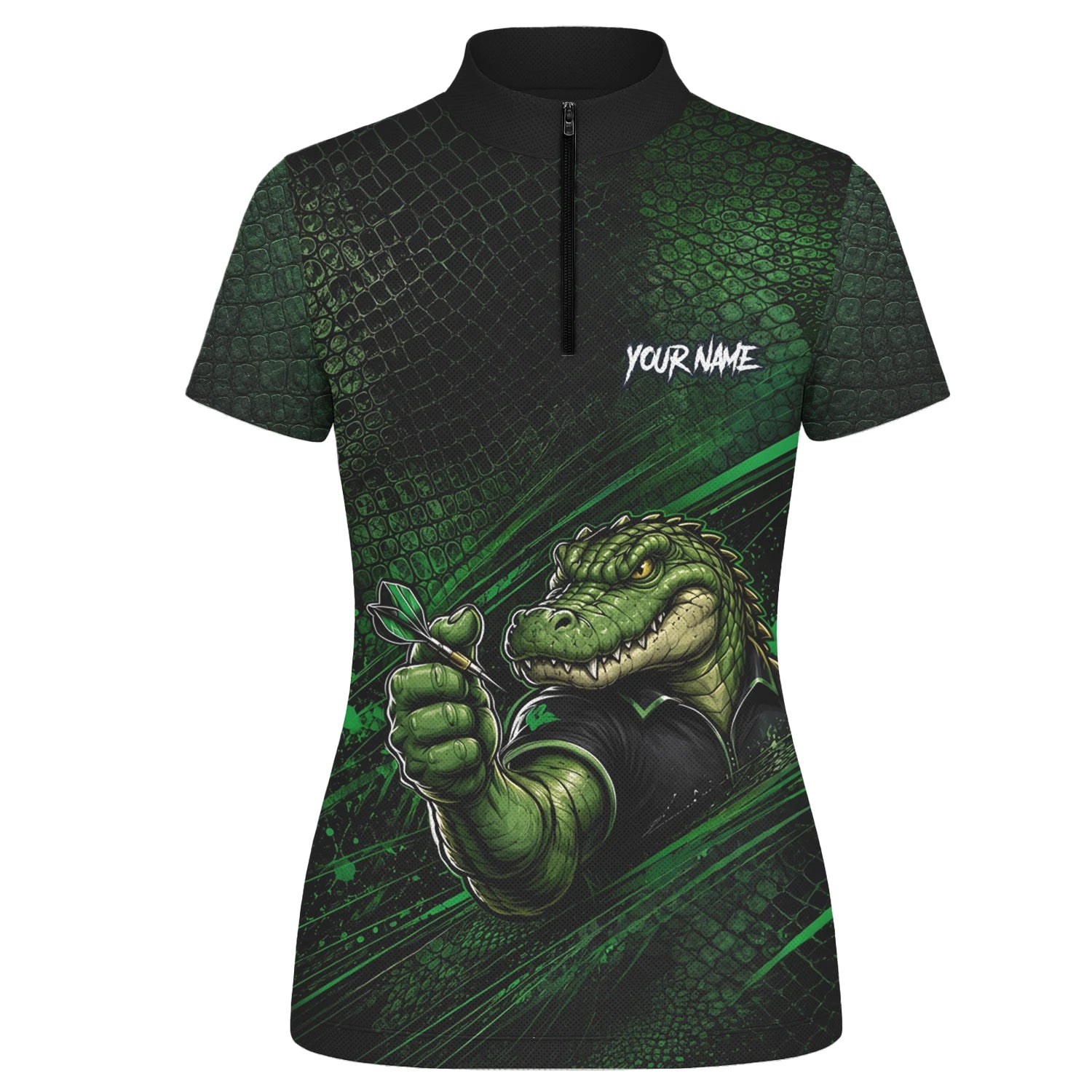 Personalisiertes Grün-schwarzes Alligator-Dartspieler-Dartshirt für Damen I987