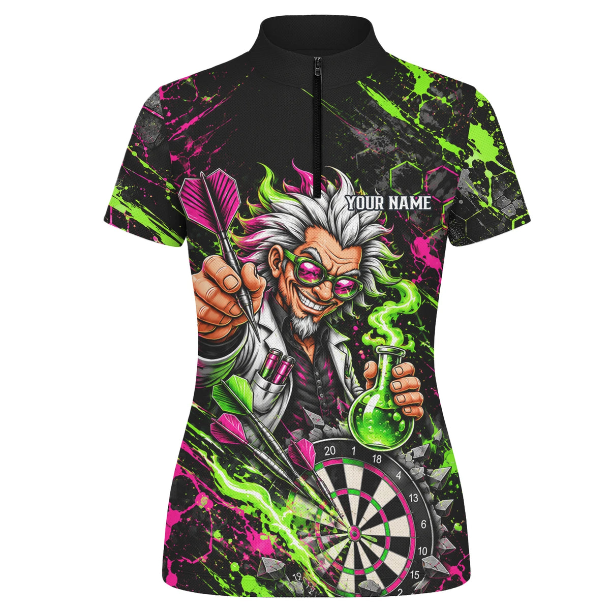 Personalisiertes Dartshirt in Schwarz, Grün und Pink mit verrücktem Wissenschaftler und Dartscheibe für Damen F9179