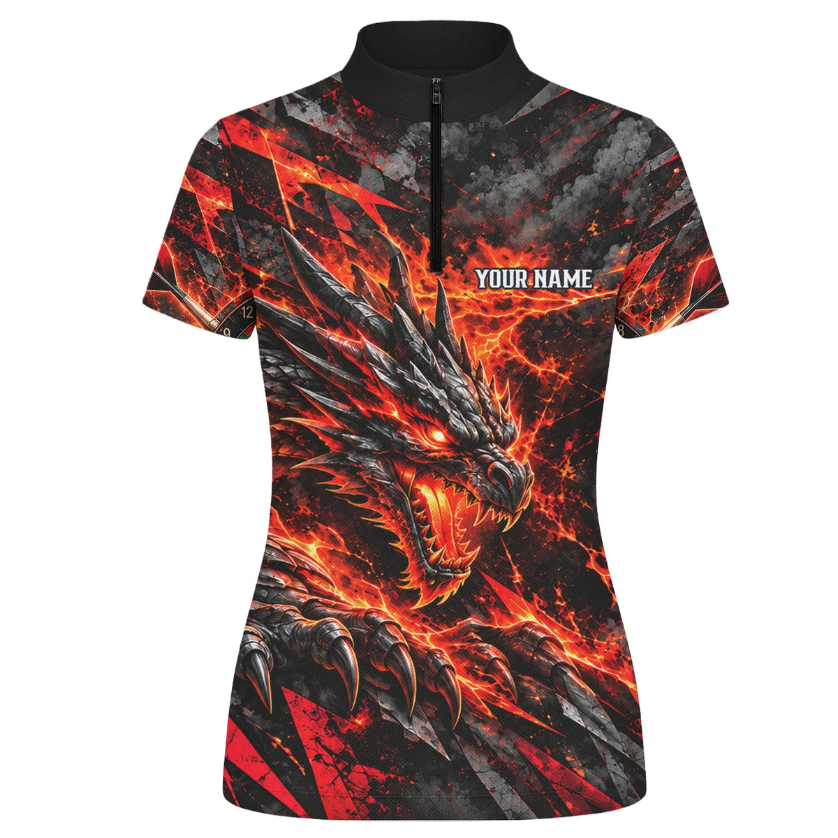 Personalisiertes Dartshirt mit schwarz-rotem Feuerdrachen und Dartscheibe für Damen B0683