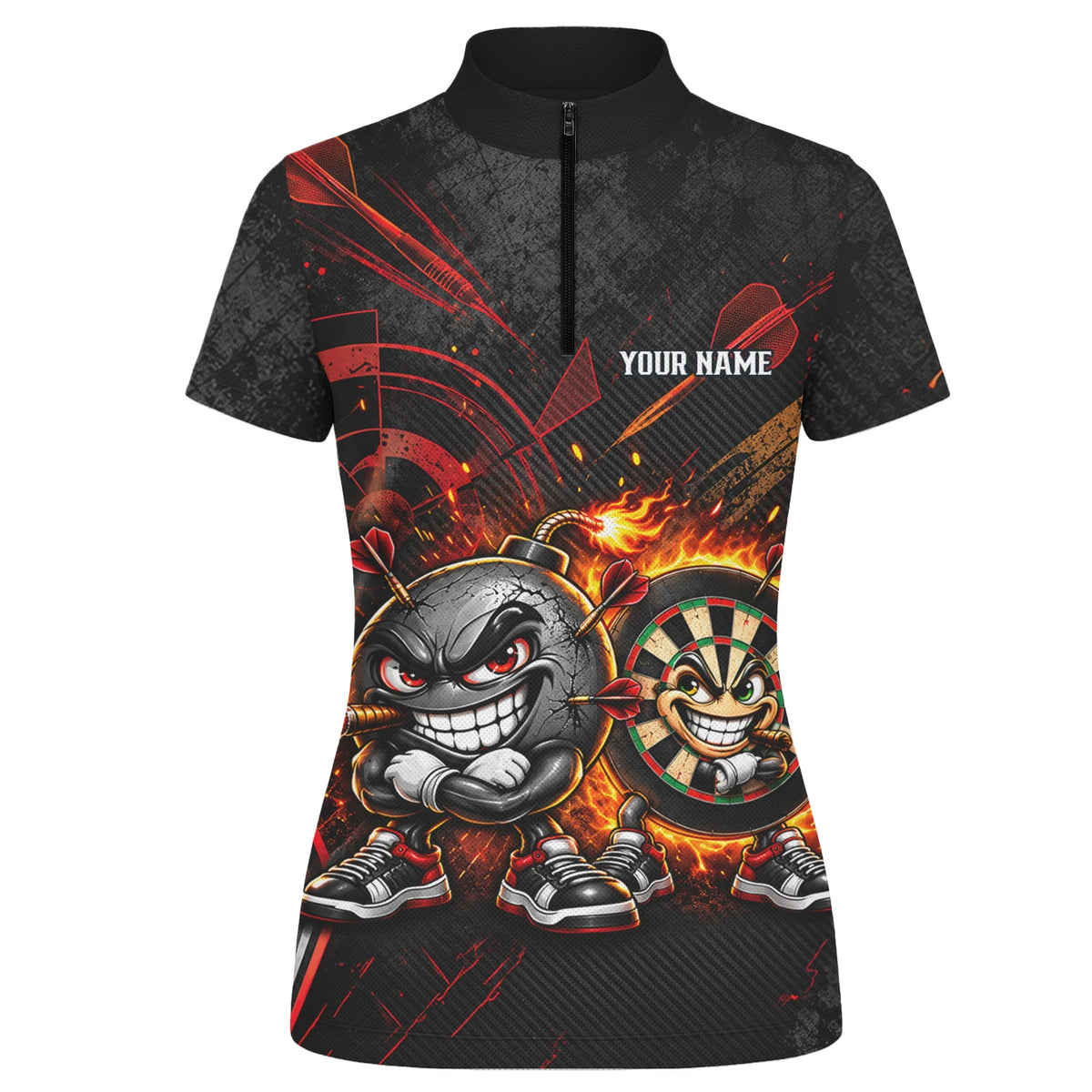 Personalisiertes Dartshirt mit schwarz-roter wütender Comic-Bombe und Dartscheibe für Damen C3423