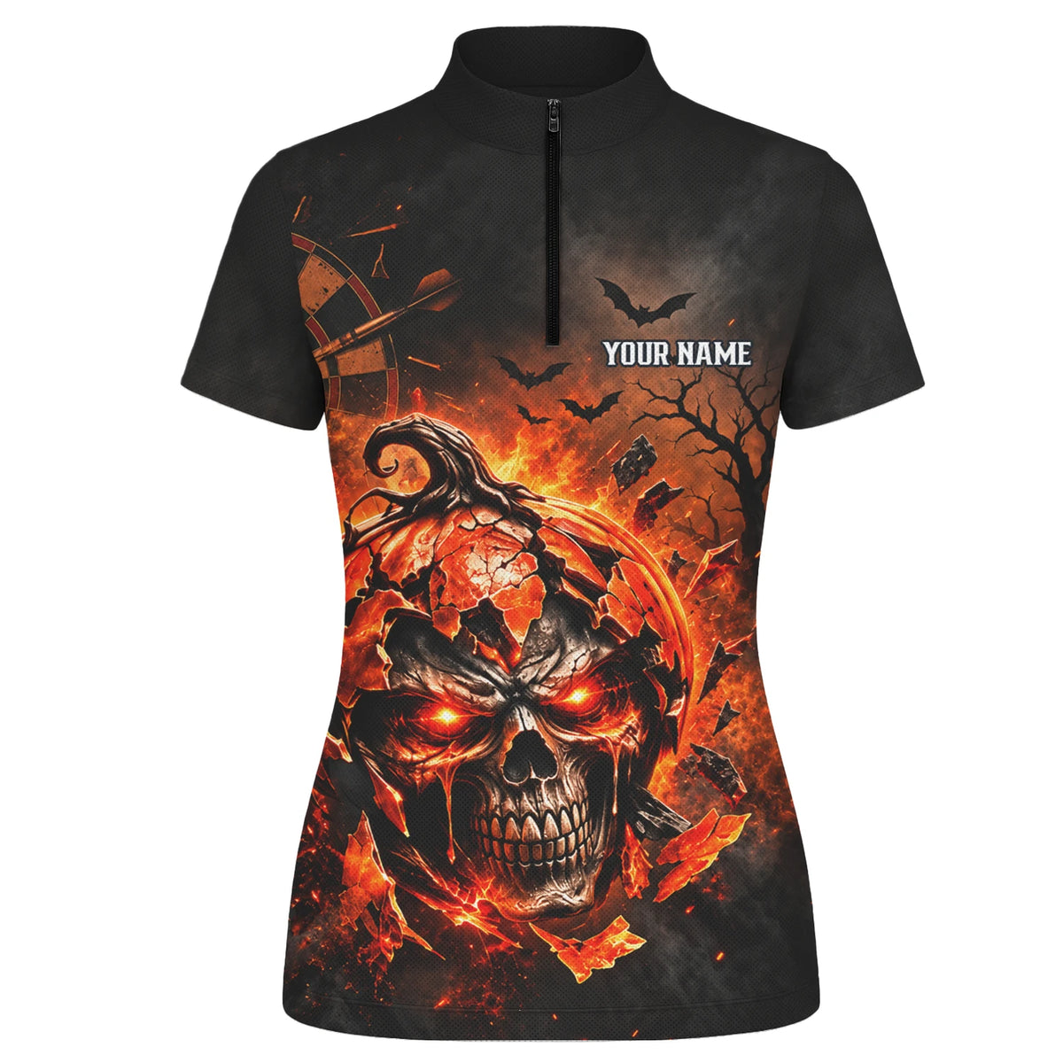 Personalisiertes Dartshirt in Schwarz und Orange mit flammendem Kürbis-Totenkopf und Dartscheibe für Damen S4076