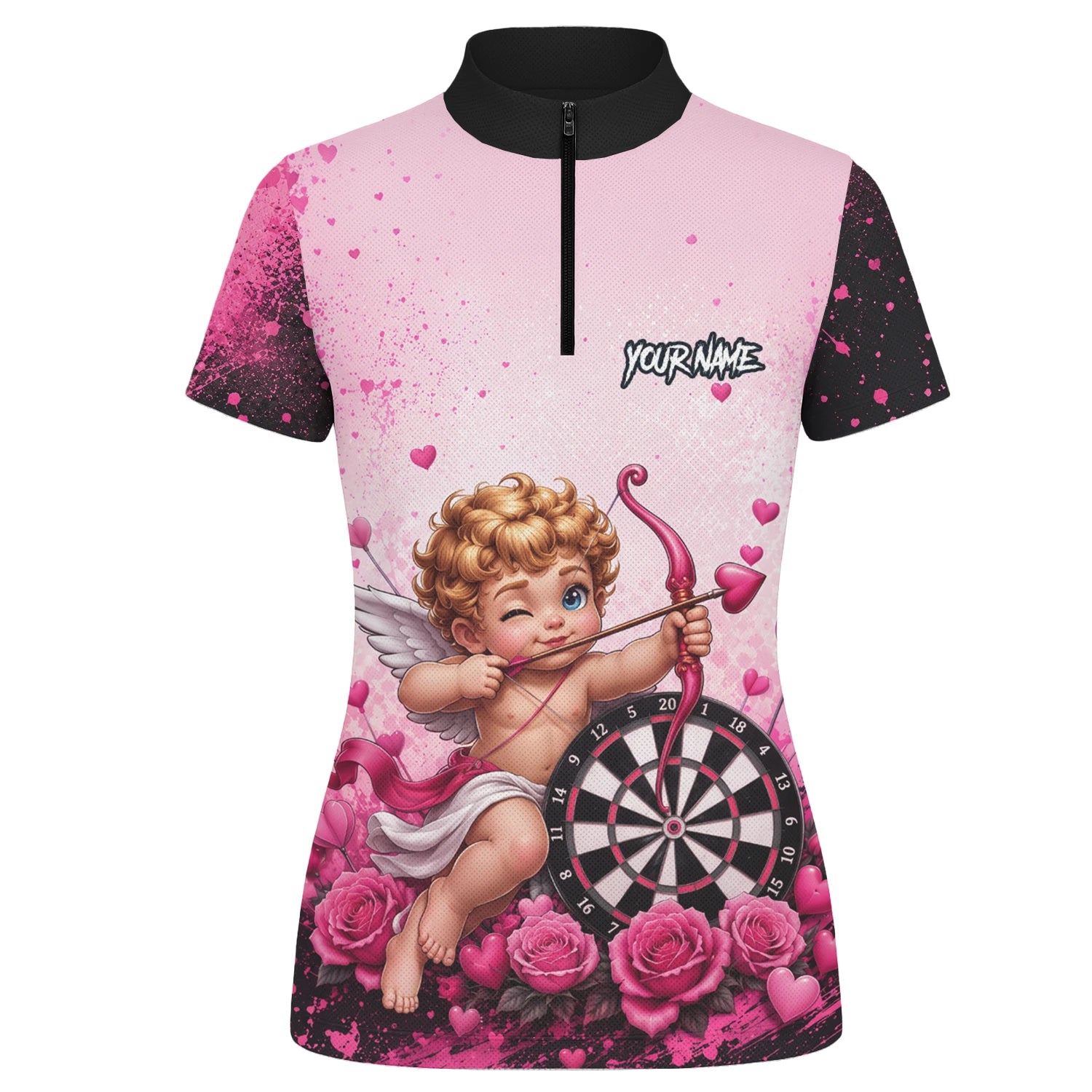 Personalisiertes Pink-schwarzes Amor-Dartboard Dartshirt für Damen I643