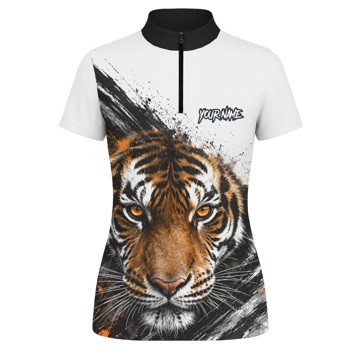 Personalisiertes Dartshirt mit weiß-schwarz-orangenem Tiger für Damen N832
