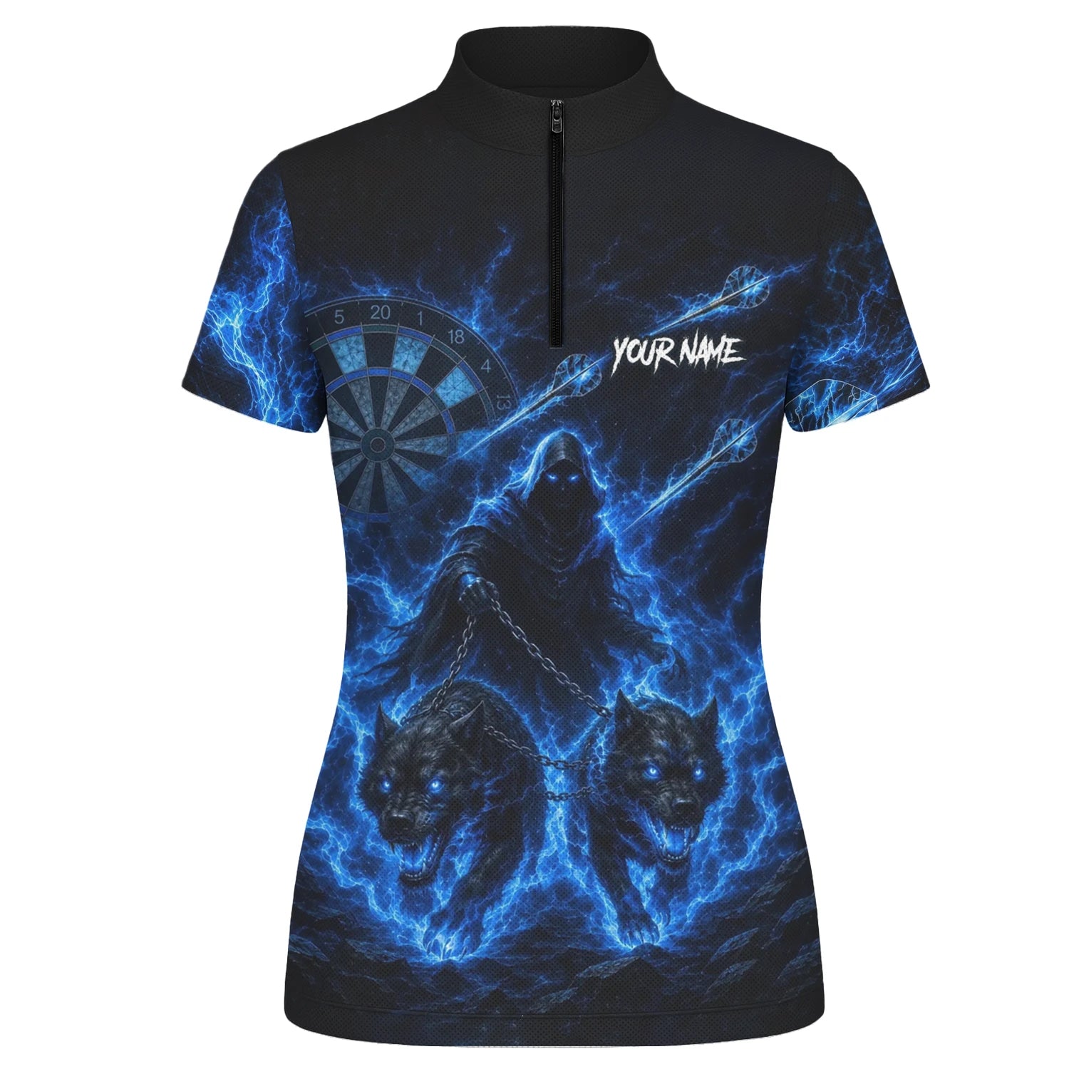 Personalisiertes Schwarz-blaues Sensenmann-und-Wölfe-Dartshirt für Damen X871