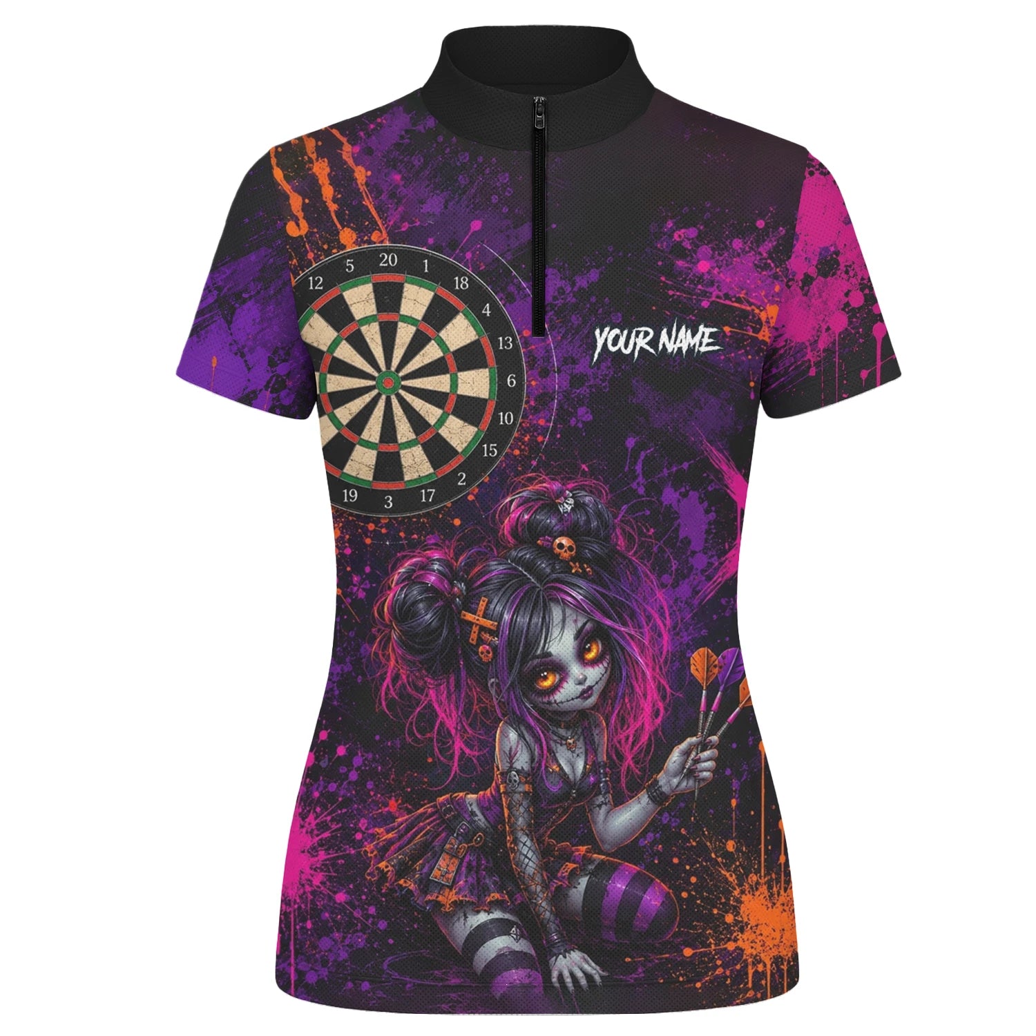 Personalisiertes Schwarz-lila-pink-oranges Gothic-Dartshirt für Damen Z641