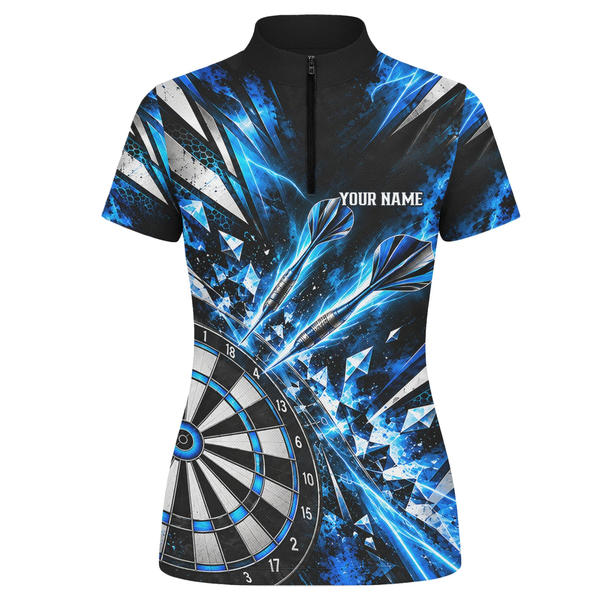 Personalisiertes Dartshirt in Schwarz, Blau und Silber mit geometrischen Splittern, Dartpfeilen und Dartscheibe für Damen N0176