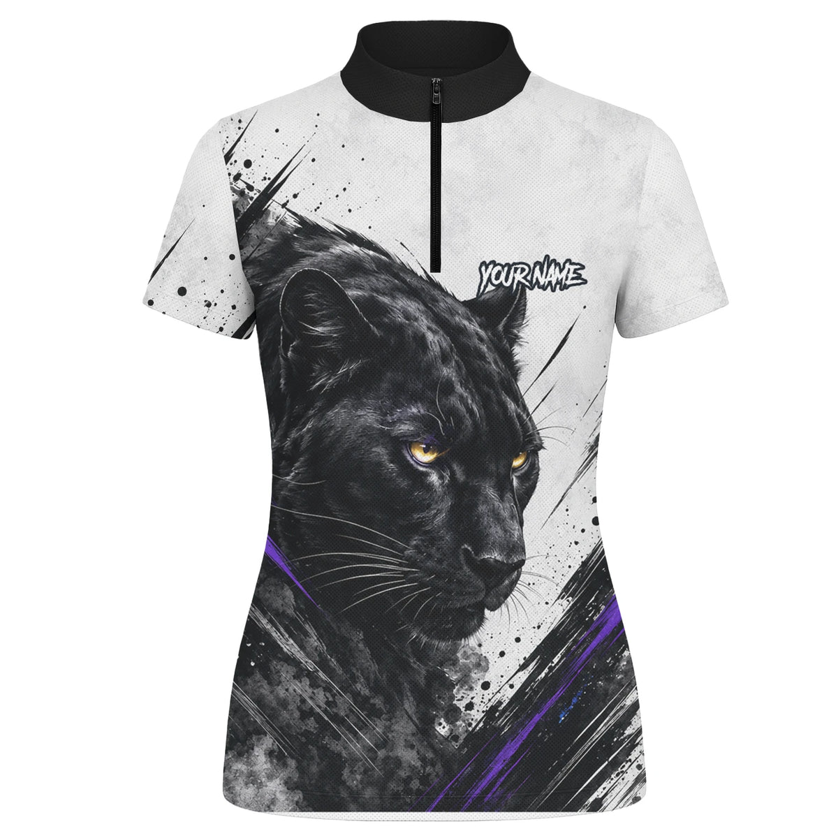 Personalisiertes Dartshirt mit weiß-schwarz-violettem Panther für Damen W442