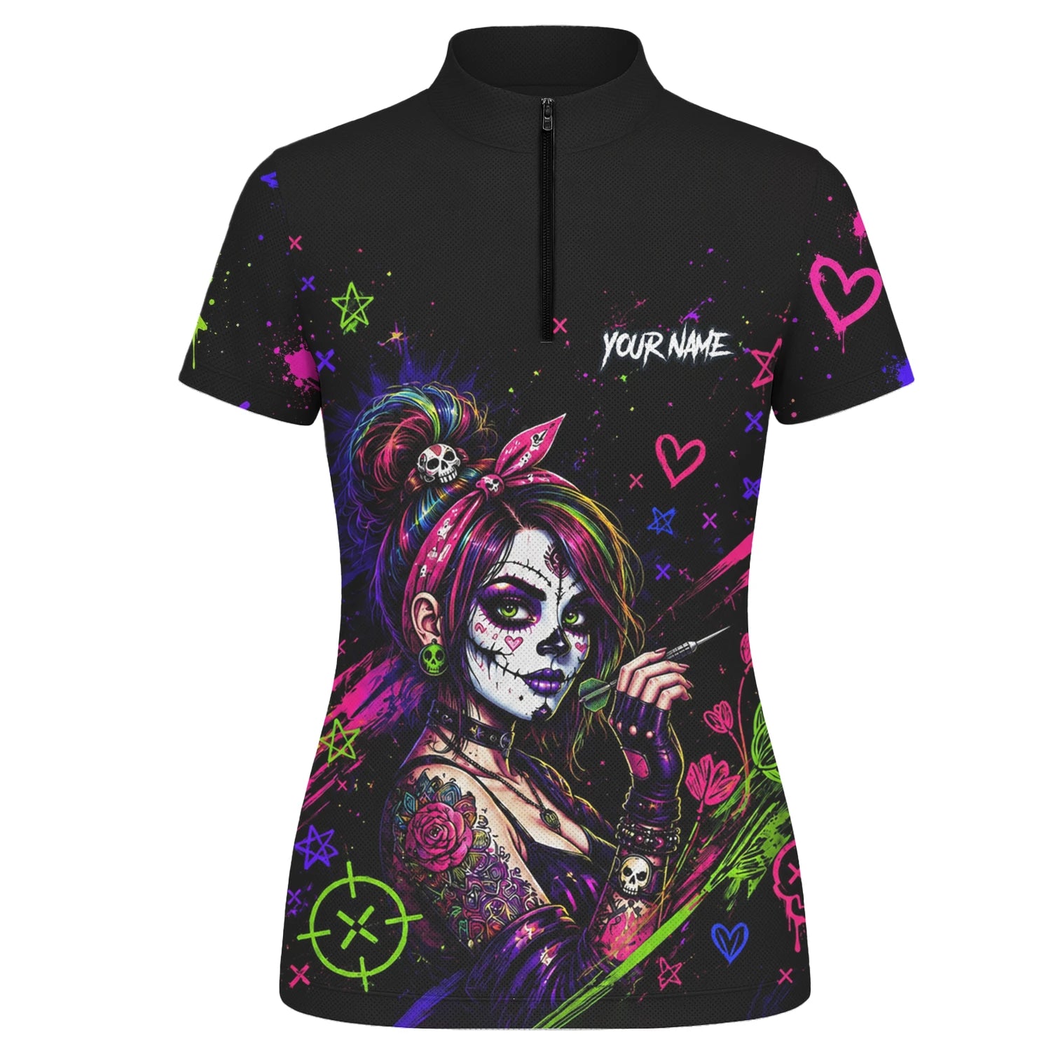 Personalisiertes Schwarz-neonfarbenes Sugar-Skull-Frauen-Dartshirt für Damen K745