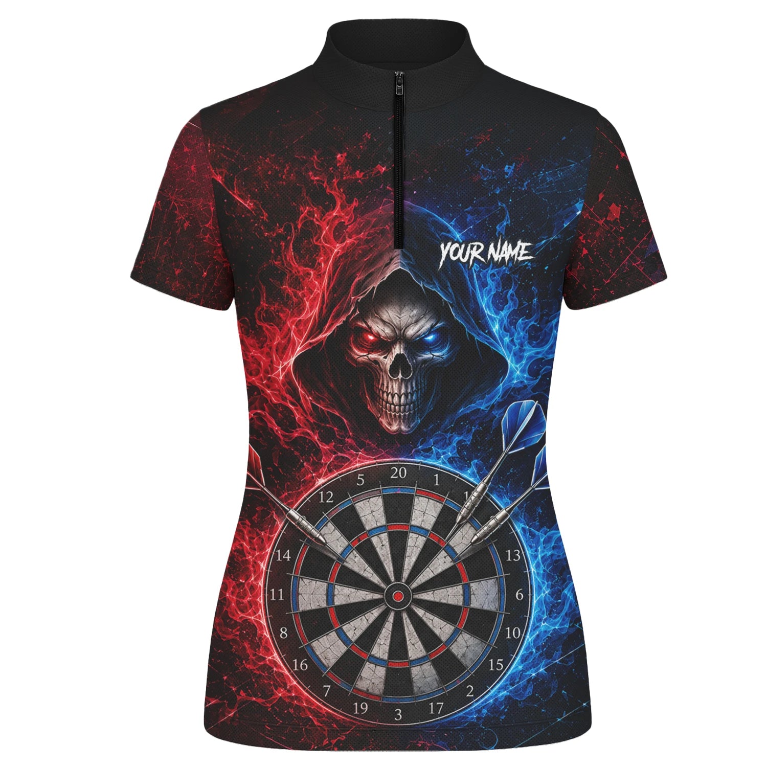 Personalisiertes Rot-blaues Totenkopf Dart Poloshirt für Damen L857