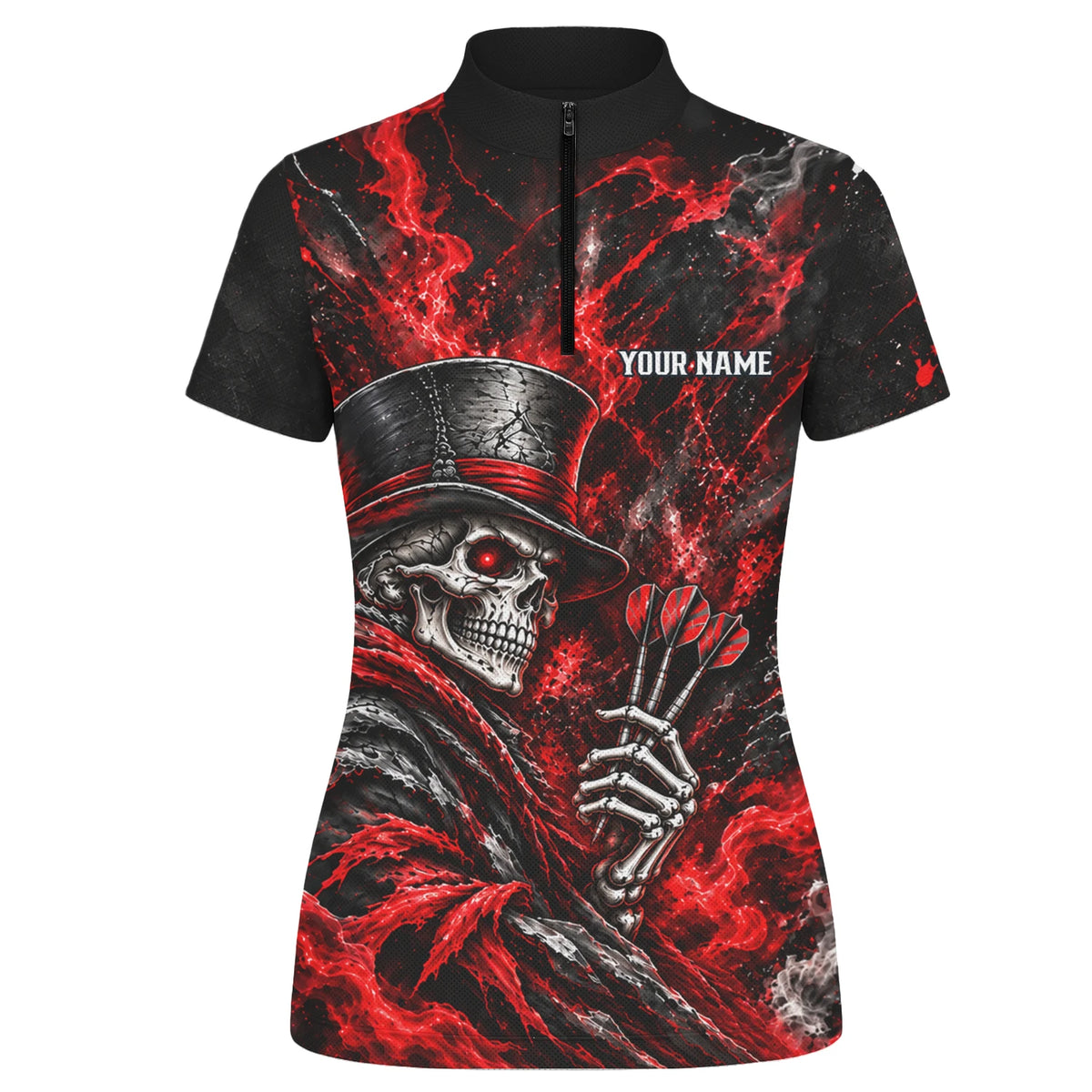 Personalisiertes Dartshirt in Schwarz und Rot mit Skelett, Zylinder, Dartpfeilen und Dartscheibe für Damen R5016