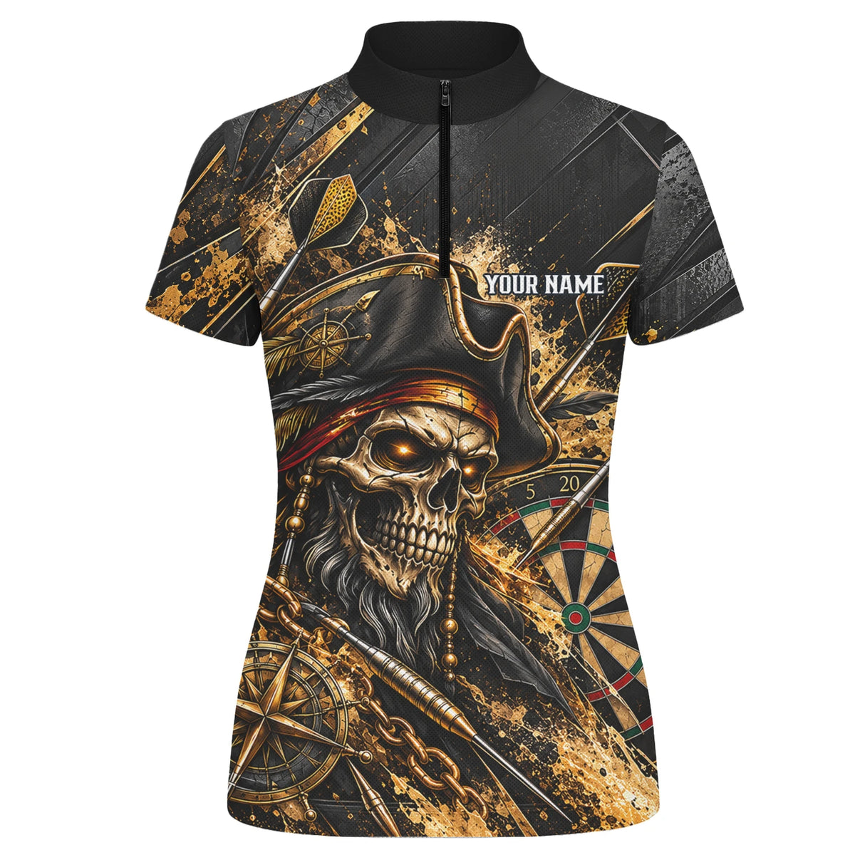 Personalisiertes Dartshirt in Schwarz und Gold mit Piraten-Totenkopf und Dartscheibe für Damen X7403