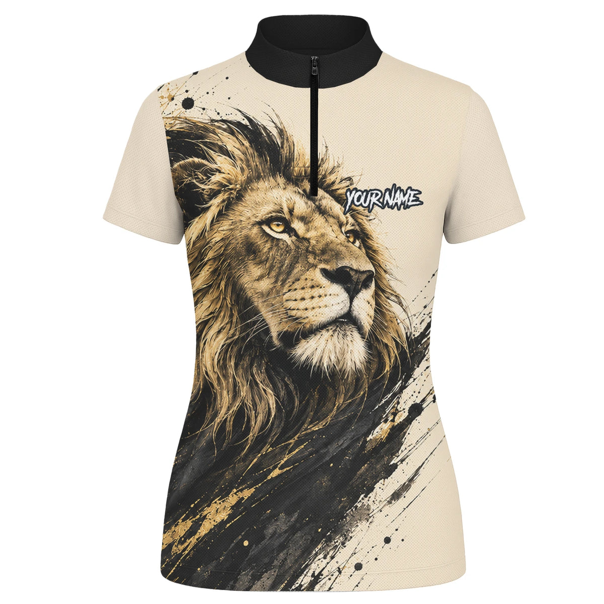 Personalisiertes Dartshirt mit creme-schwarz-goldenem Löwen für Damen Q209