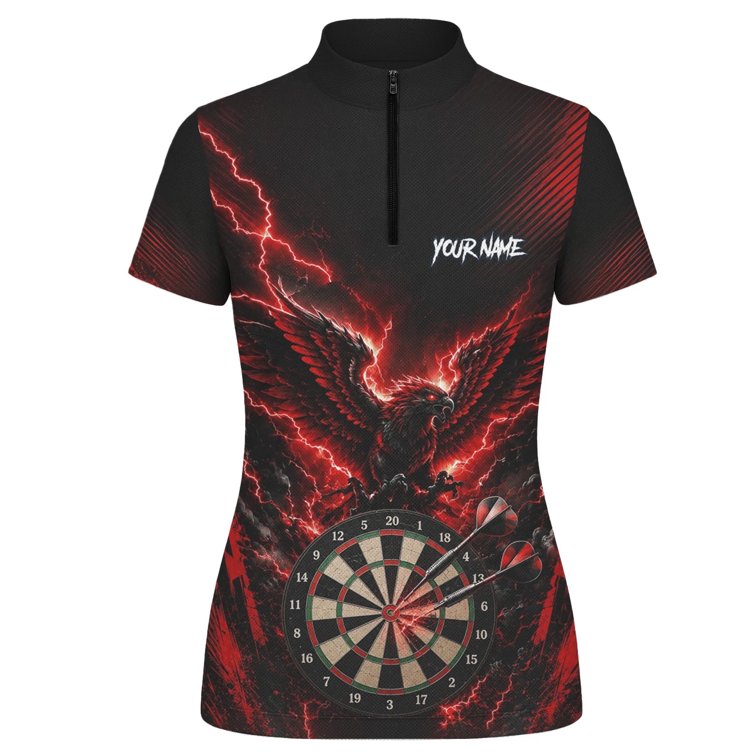Personalisiertes Schwarz-rotes Phönix-Blitz-Dartboard Dartshirt für Damen J120