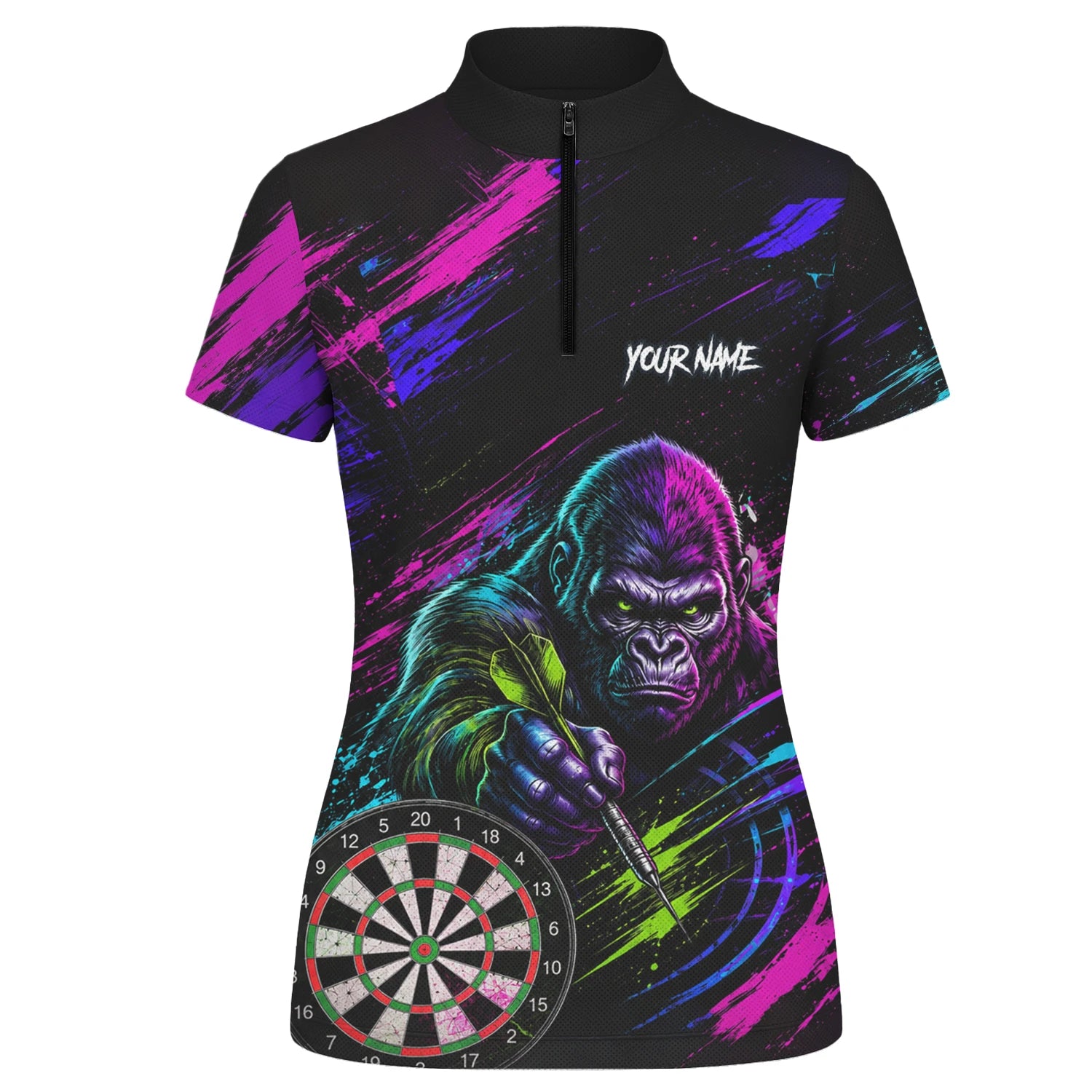 Personalisiertes Schwarz-pink-lila Gorilla-Dartshirt für Damen U874