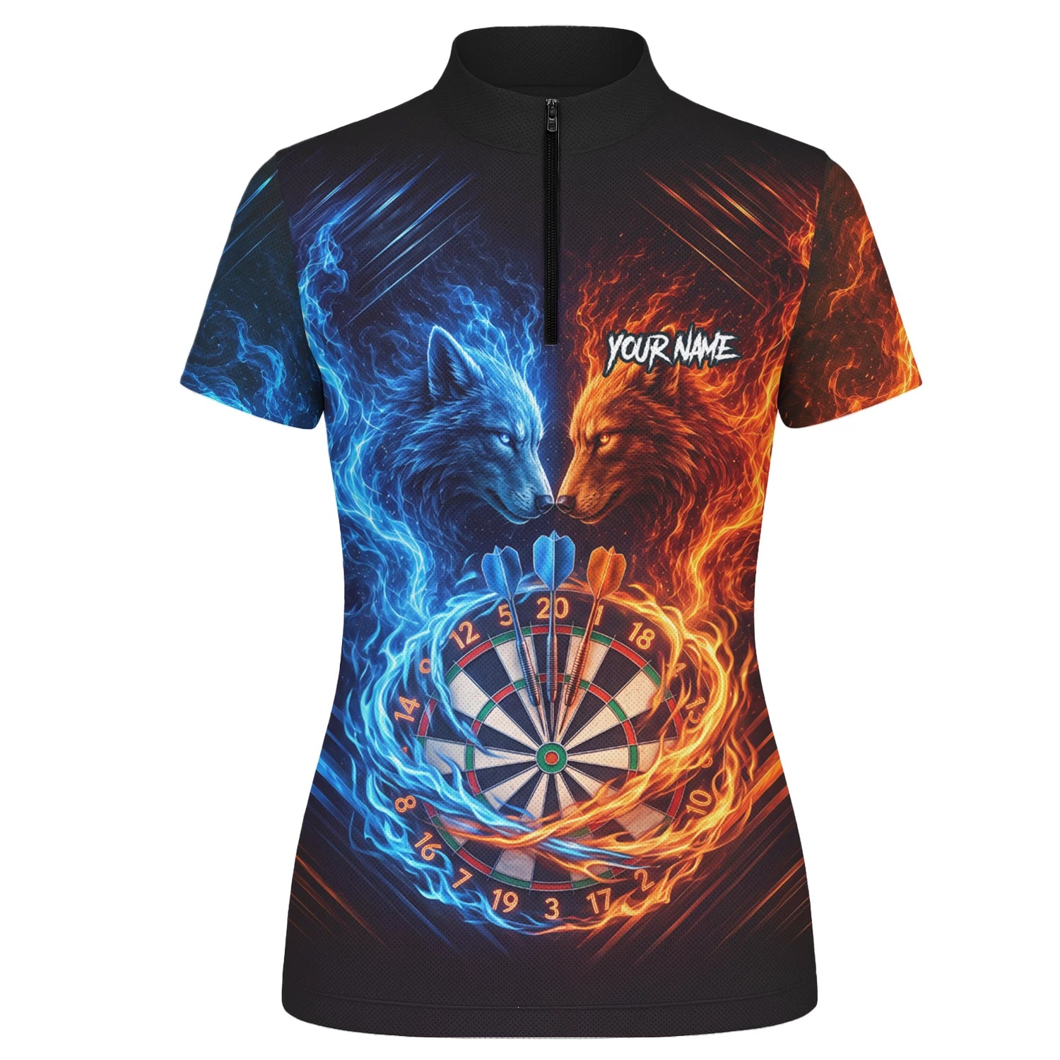 Personalisiertes Blau-oranges Wolf-Flammen-Dartboard Dartshirt für Damen A749