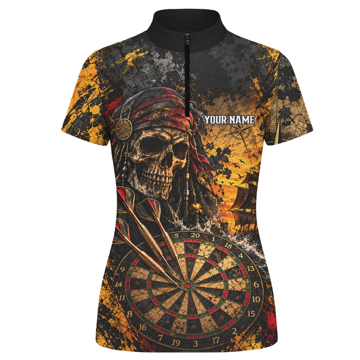 Personalisiertes Dartshirt in Schwarz und Gold mit Piraten-Totenkopf, Segelschiff und Dartscheibe für Damen N7943