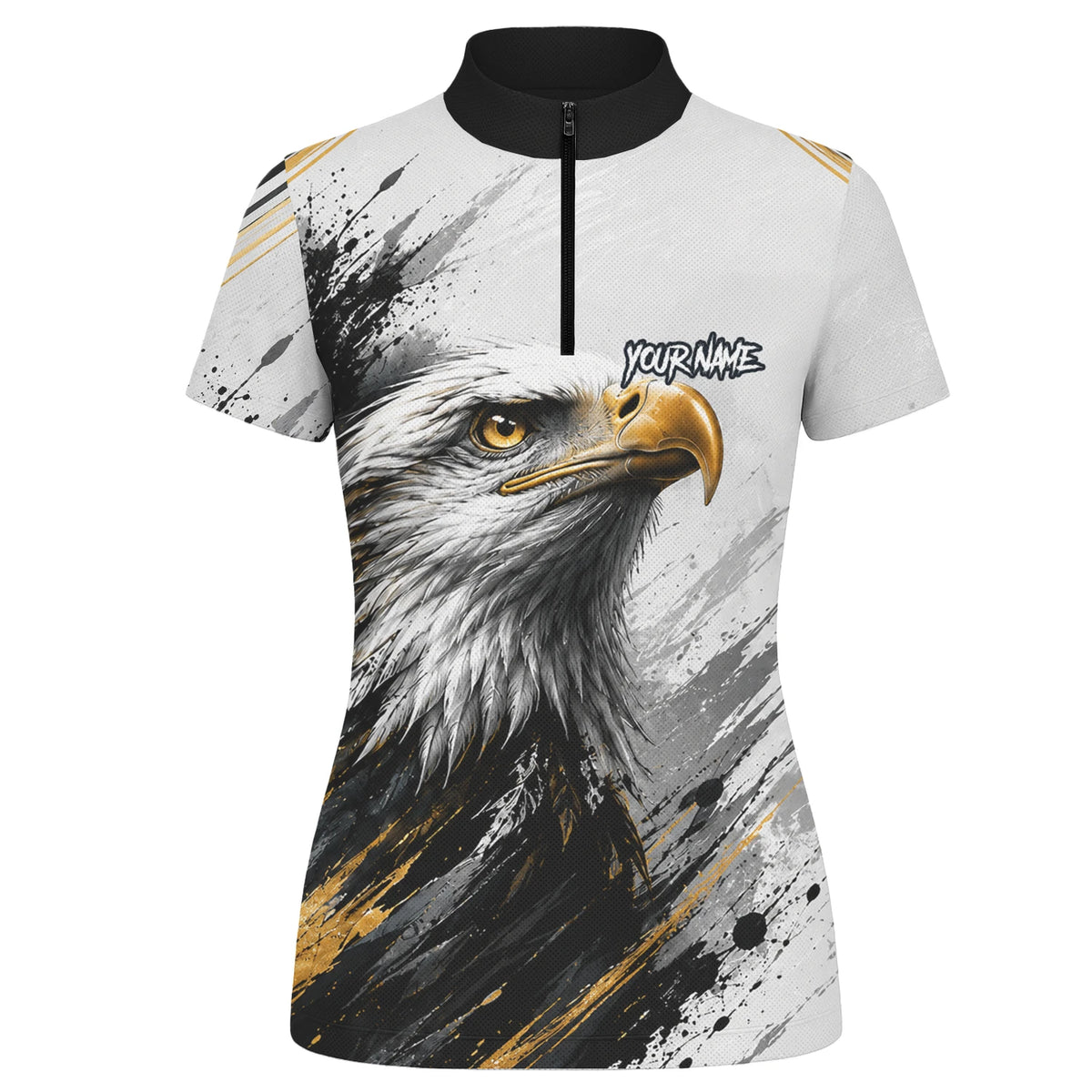 Personalisiertes Dartshirt mit weiß-schwarz-goldenem Weißkopfseeadler für Damen S805