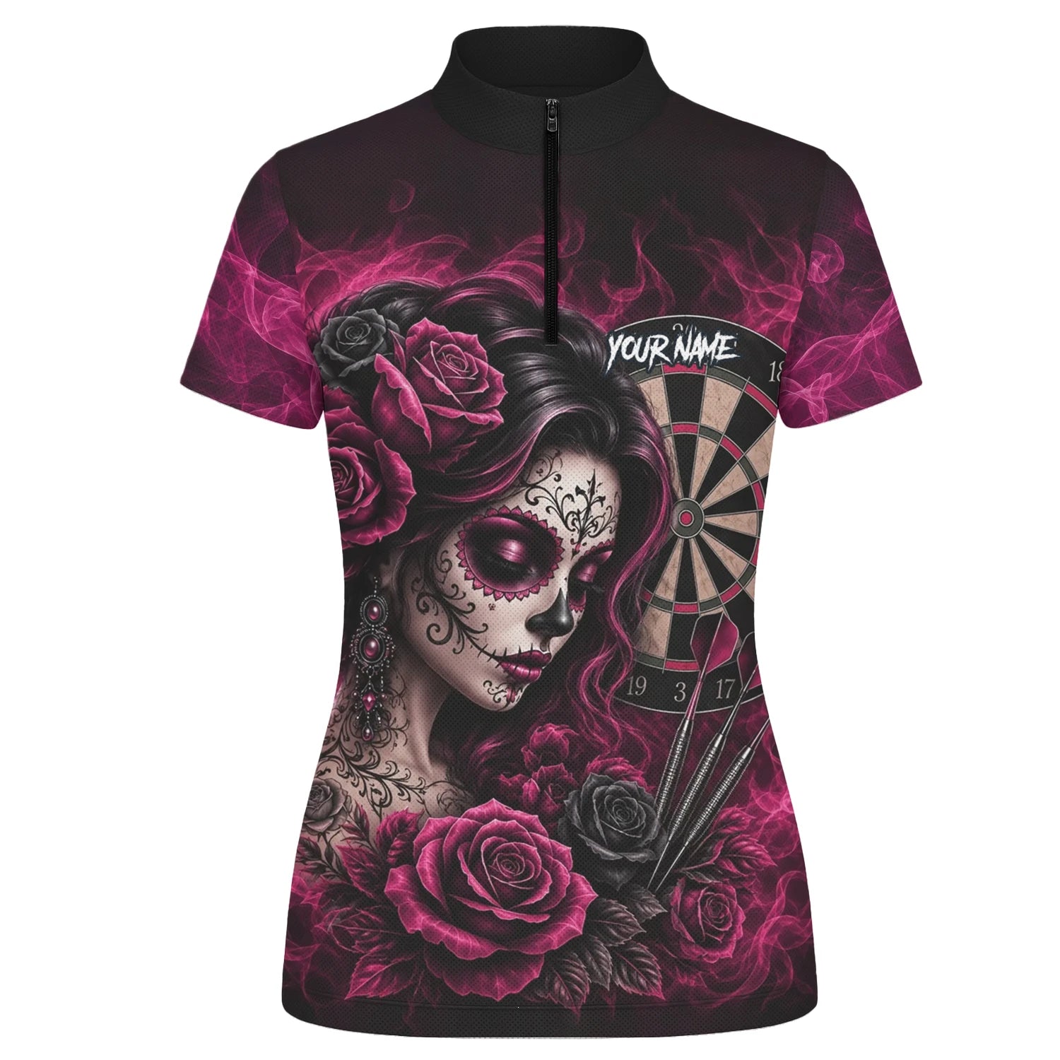 Personalisiertes Schwarz-pink Sugar-Skull-Rosen-Dartshirt für Damen Z109