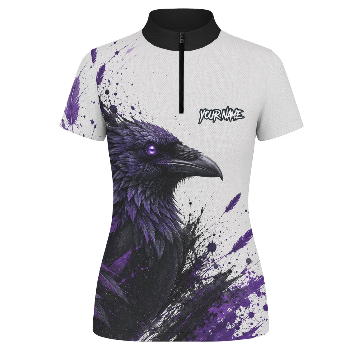 Personalisiertes Dartshirt mit weiß-schwarz-violettem Raben für Damen Z888