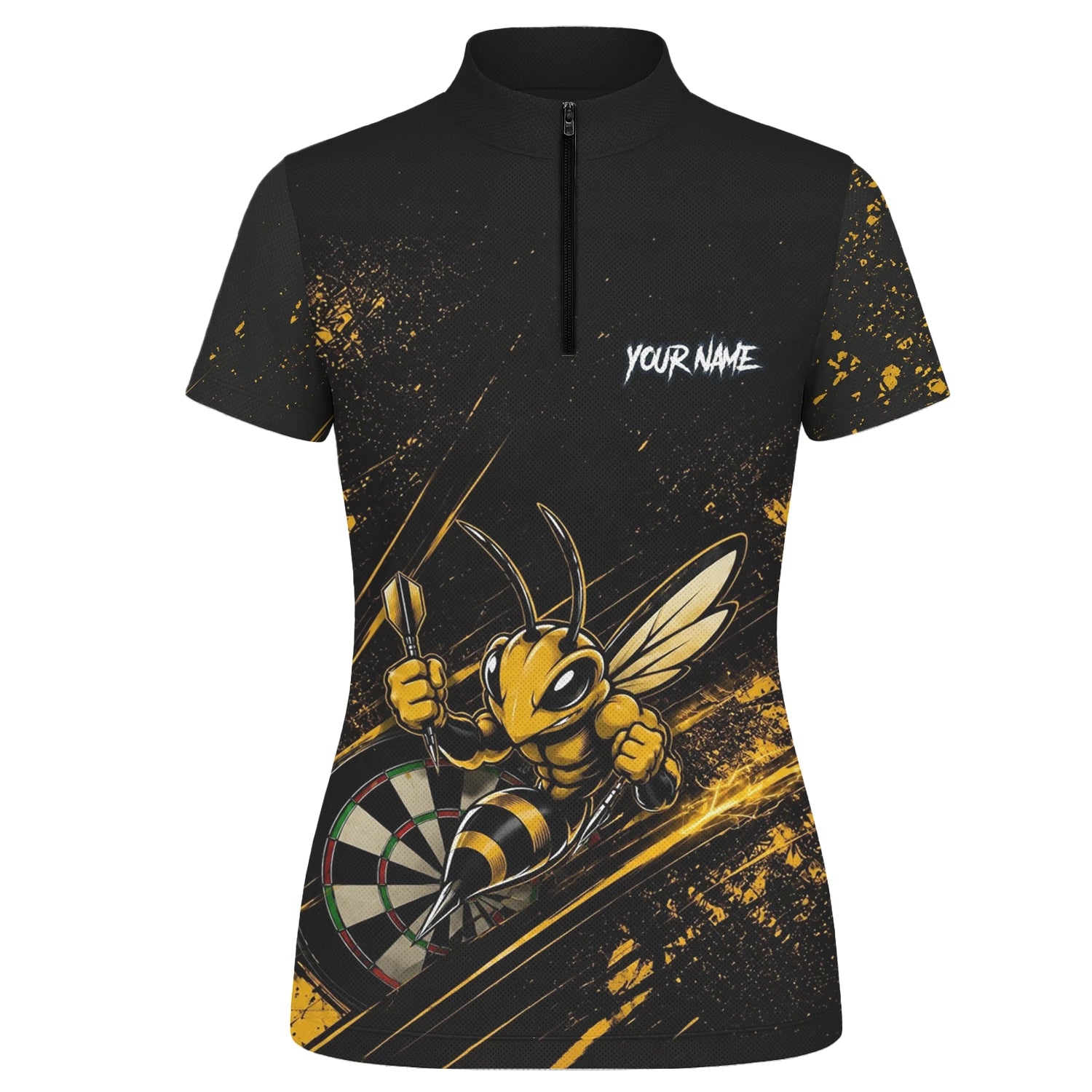 Personalisiertes Schwarz-goldenes Bienen-Dartboard Dartshirt für Damen L410