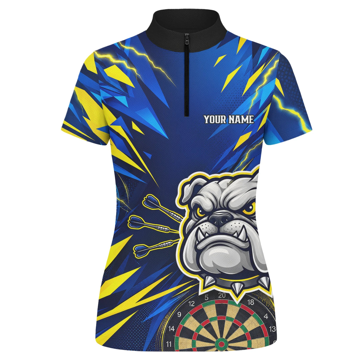 Personalisiertes Dartshirt in Blau und Gelb mit Bulldogge, Blitzen und Dartscheibe für Damen H1141