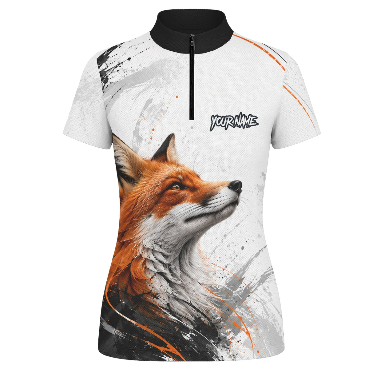 Personalisiertes Dartshirt mit weiß-schwarz-orangenem Fuchs für Damen D228