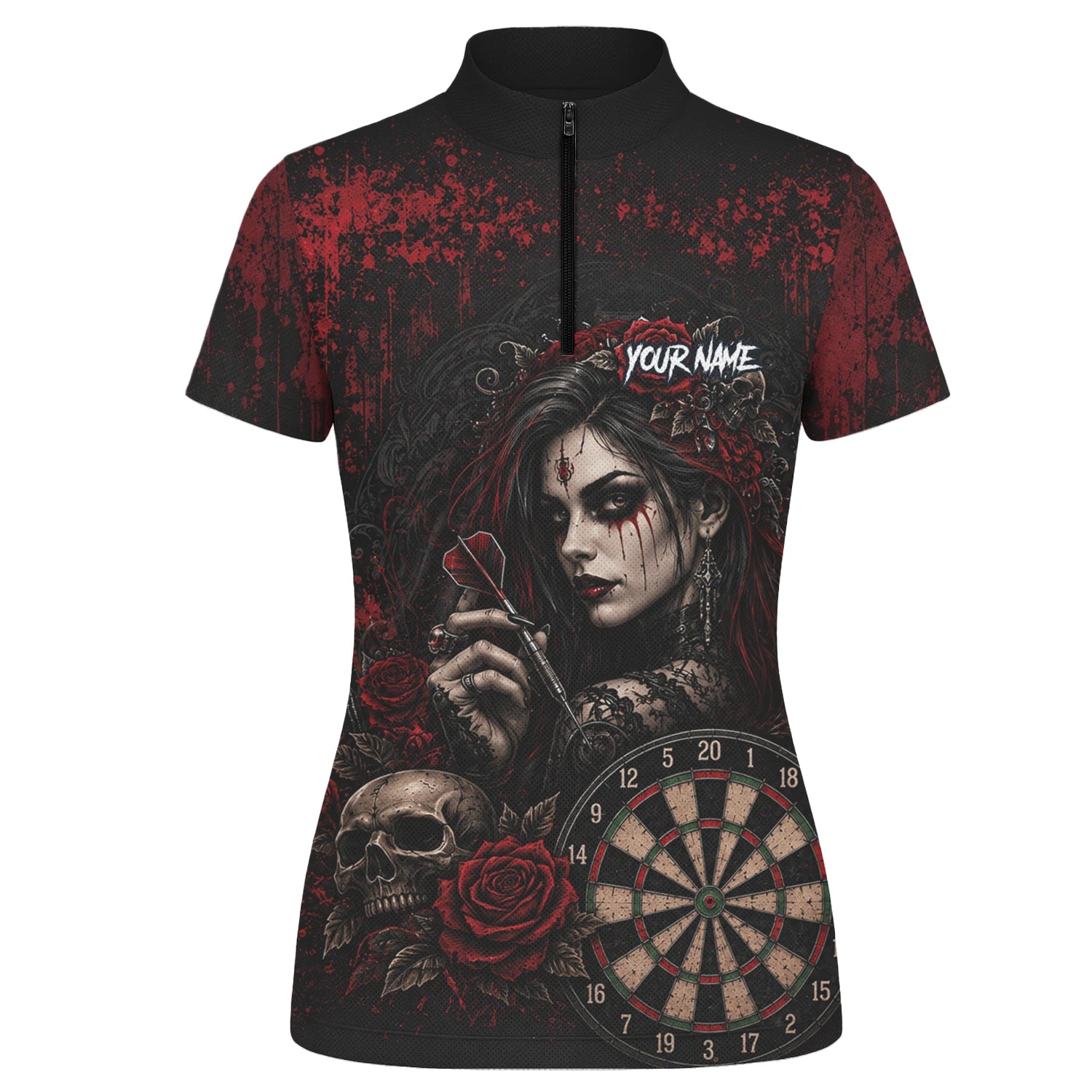 Personalisiertes Schwarz-rotes Gothic-Frauen-Totenkopf-Dartshirt für Damen W035