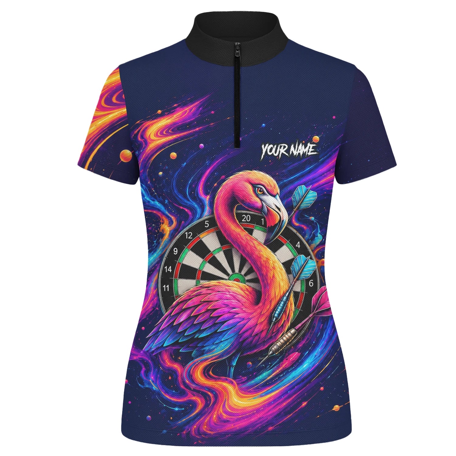 Personalisiertes Neon-Flamingo-Galaxie Dart Poloshirt für Damen D064