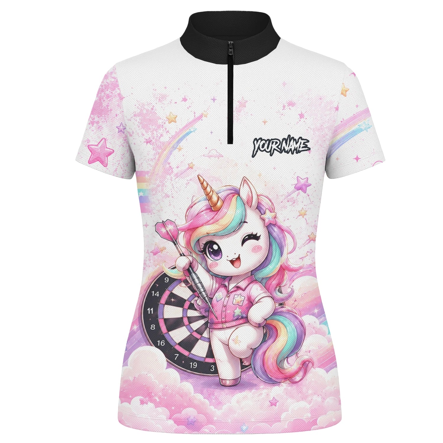 Personalisiertes Weiß-rosa Regenbogen-Einhorn-Dartshirt für Damen F188