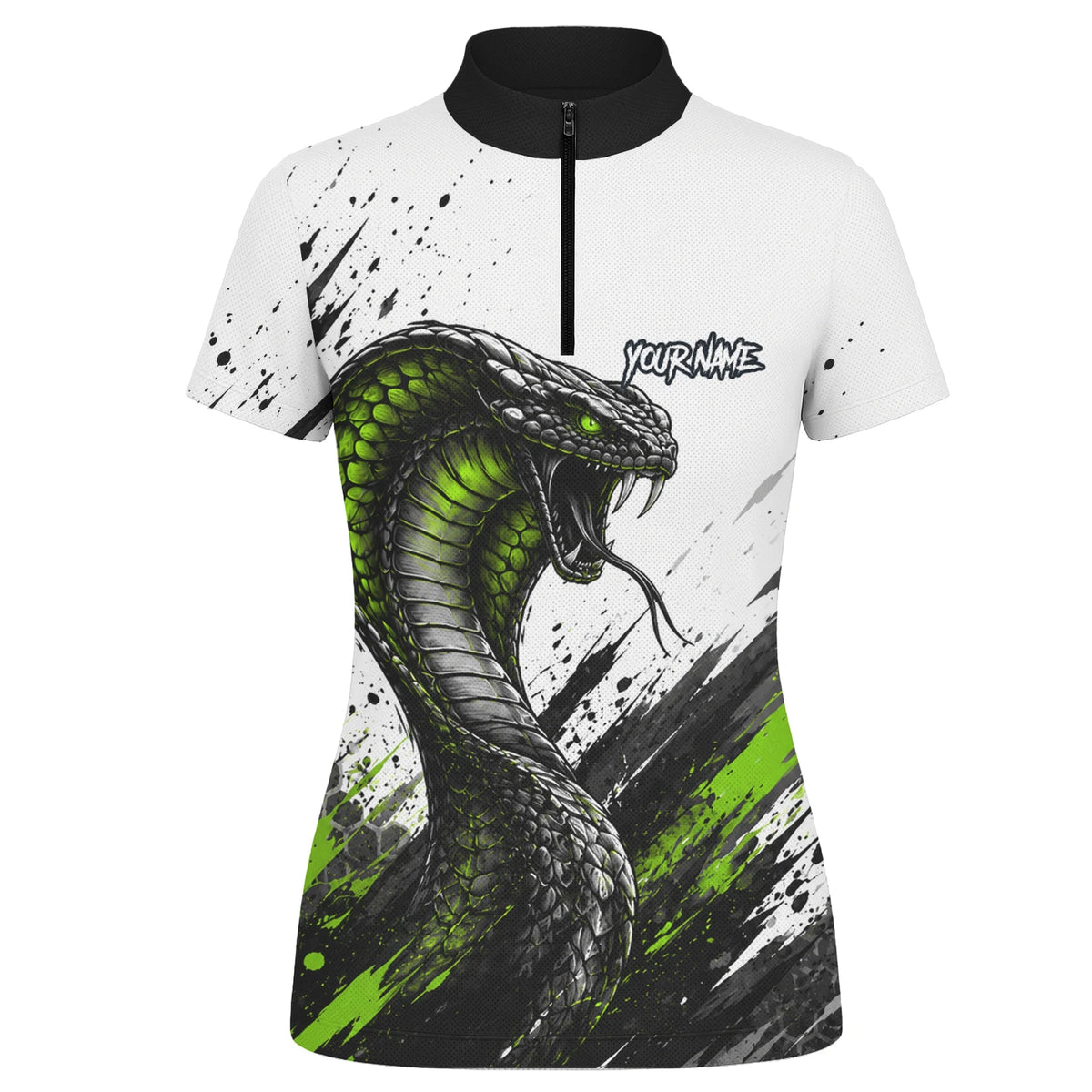 Personalisiertes Dartshirt mit weiß-schwarz-grüner Kobra für Damen Y070