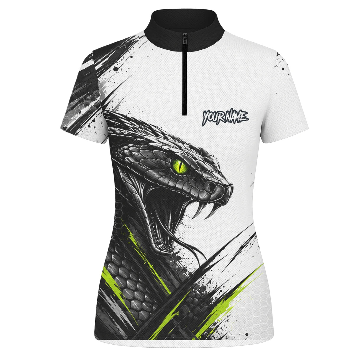 Personalisiertes Dartshirt mit weiß-schwarz-grüner Kobra für Damen I051