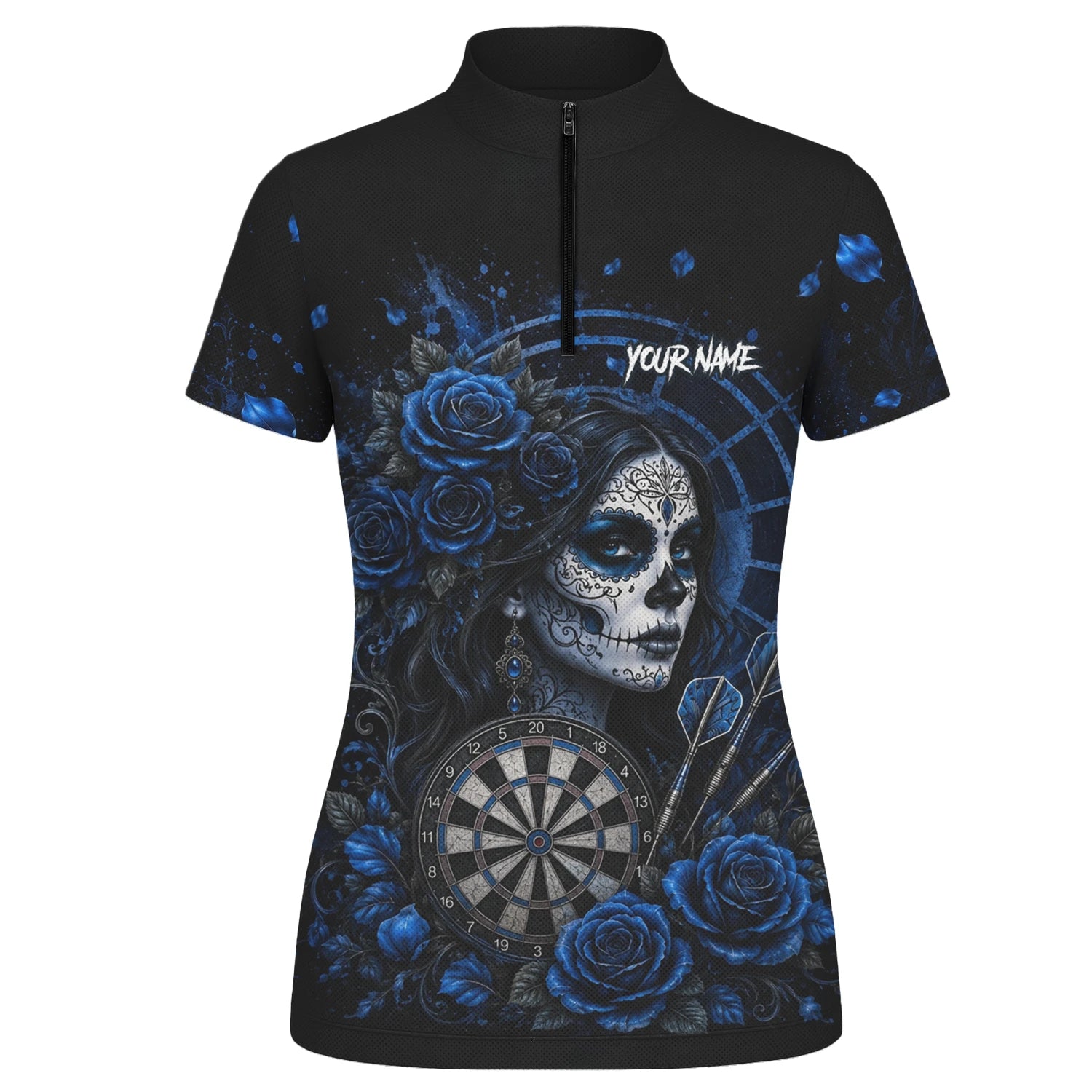 Personalisiertes Schwarz-blaues Sugar-Skull-Rosen-Dartshirt für Damen I884
