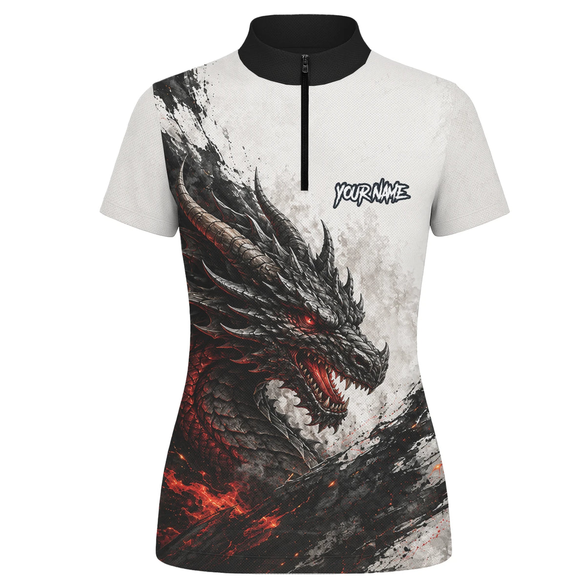 Personalisiertes Dartshirt mit weiß-schwarz-rotem Drachen für Damen Z061