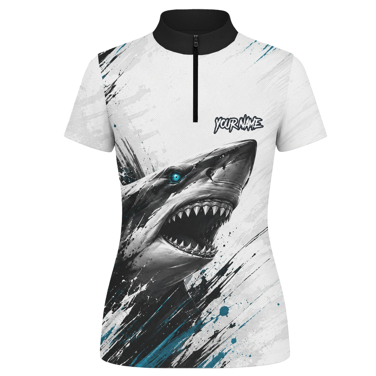 Personalisiertes Dartshirt mit weiß-schwarz-türkisem Hai für Damen D067