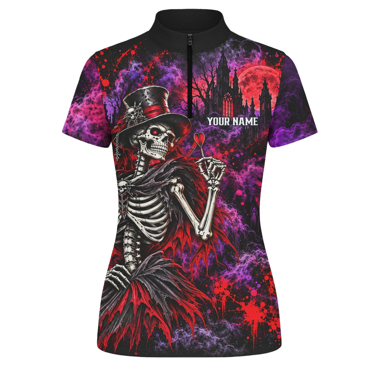 Personalisiertes Dartshirt in Schwarz, Rot und Lila mit Skelett, Zylinder und Dartscheibe für Damen P3058