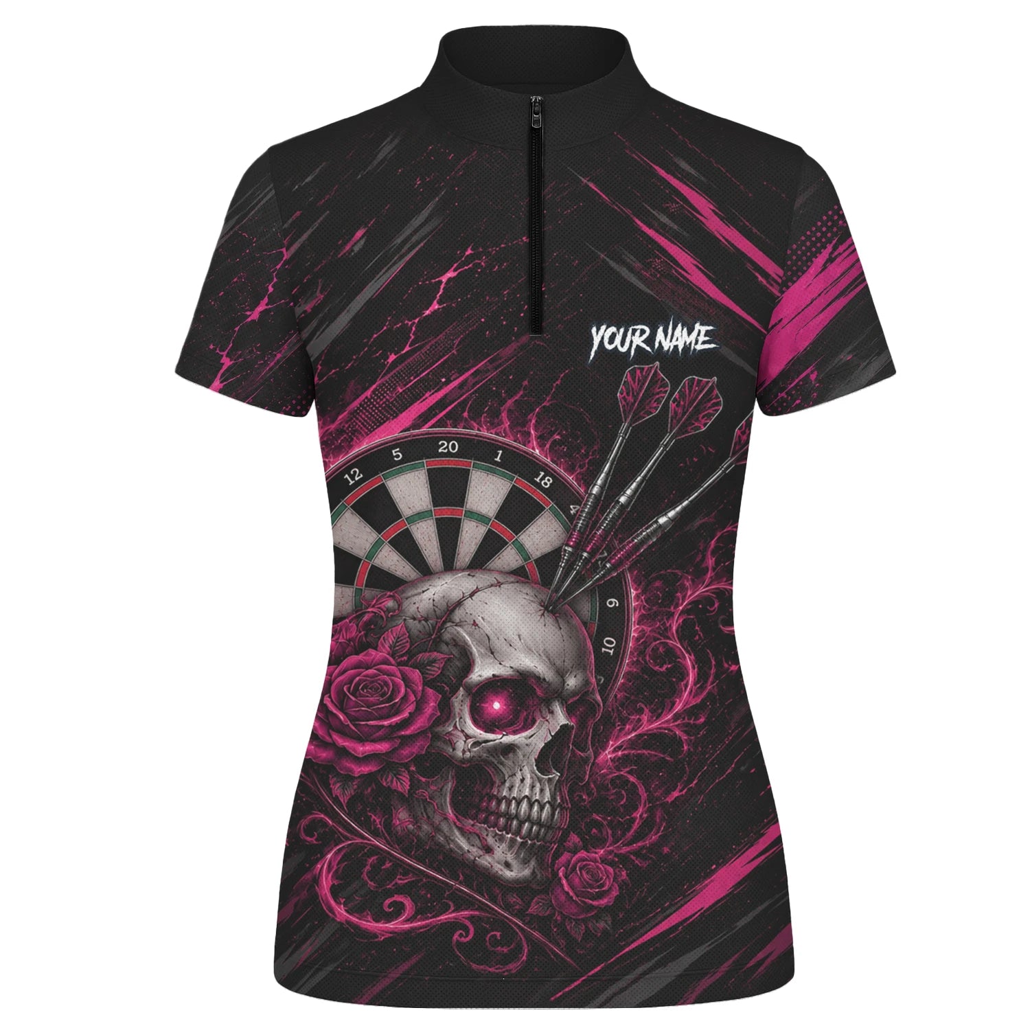 Personalisiertes Schwarz-pink Totenkopf-und-Rosen-Dartshirt für Damen V308