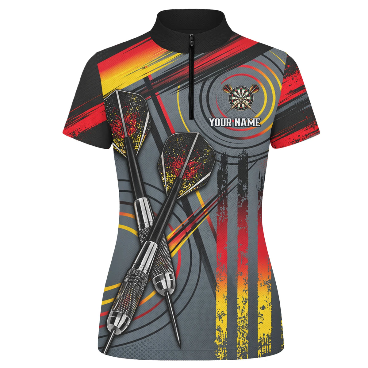 Personalisiertes Dartshirt in Grau, Schwarz, Rot und Gelb mit Dartpfeilen und Dartscheibe für Damen E2718