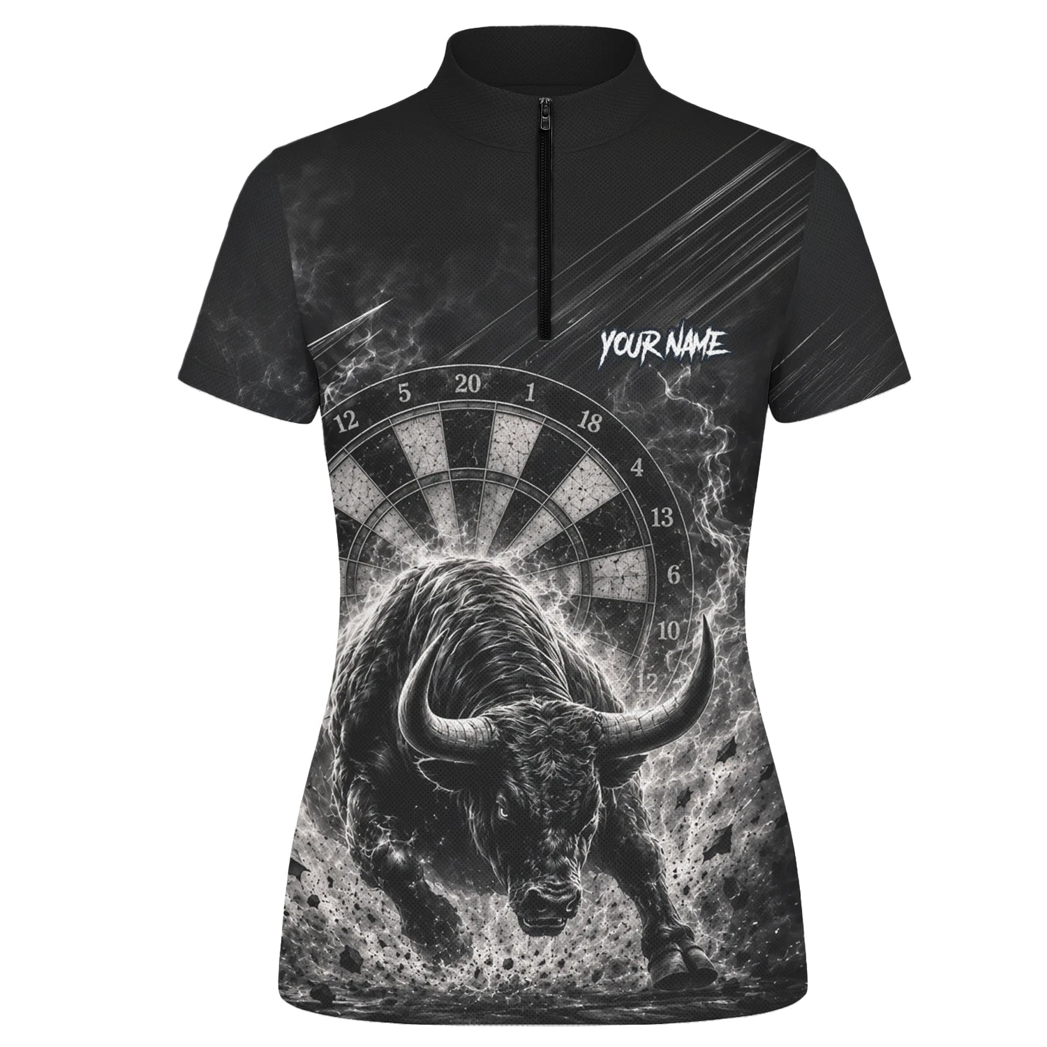 Personalisiertes Schwarz-weißes Stierkopf-Dartshirt für Damen V420