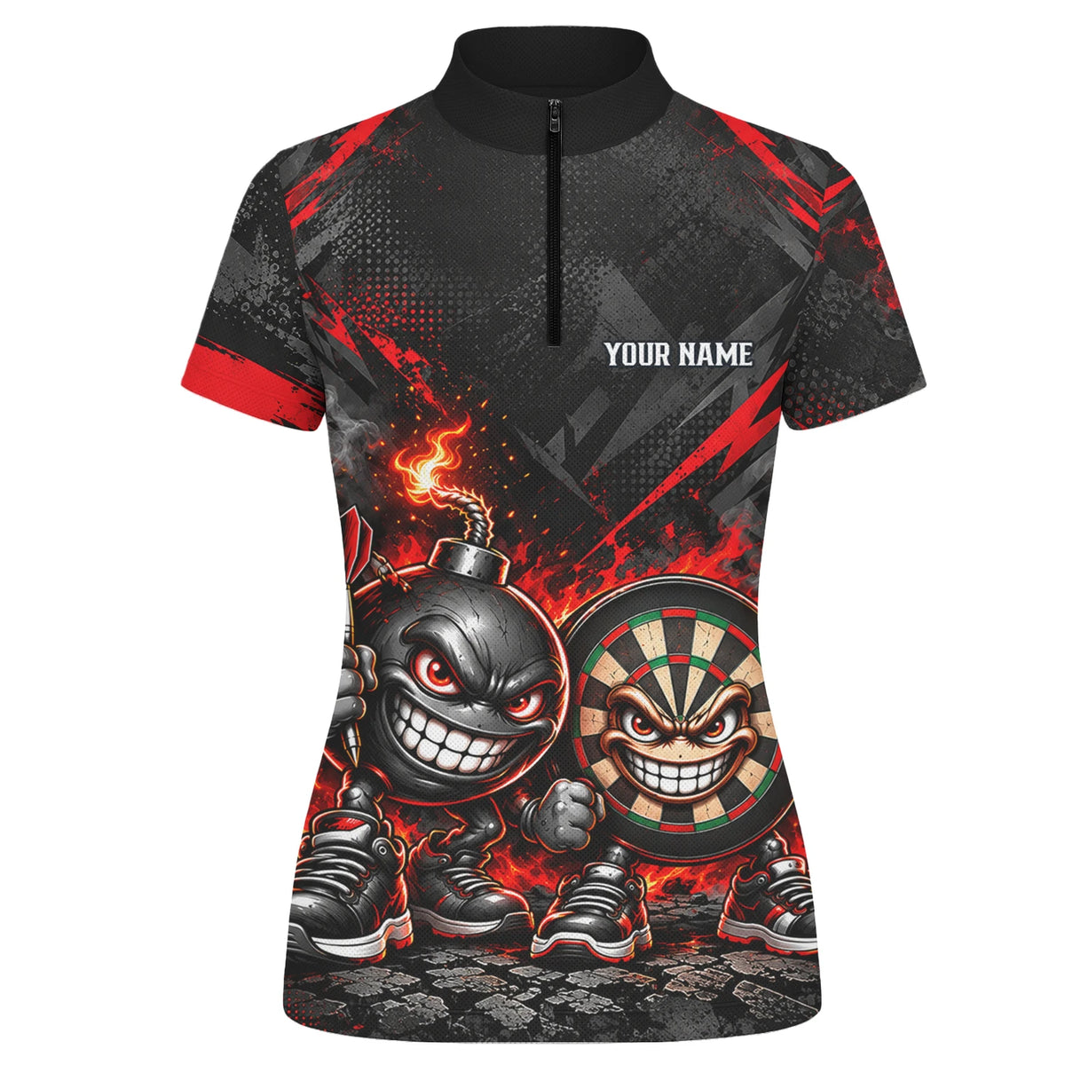 Personalisiertes Dartshirt in Schwarz und Rot mit feurigen Comic-Bomben und Dartscheibe für Damen U4656