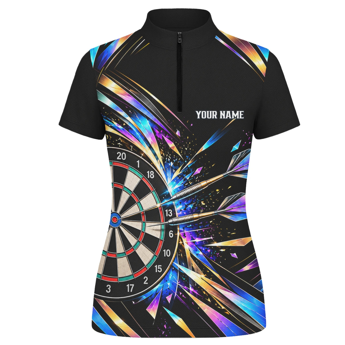 Personalisiertes Dartshirt in Schwarz mit bunten geometrischen Splittern und Dartscheibe für Damen L2897