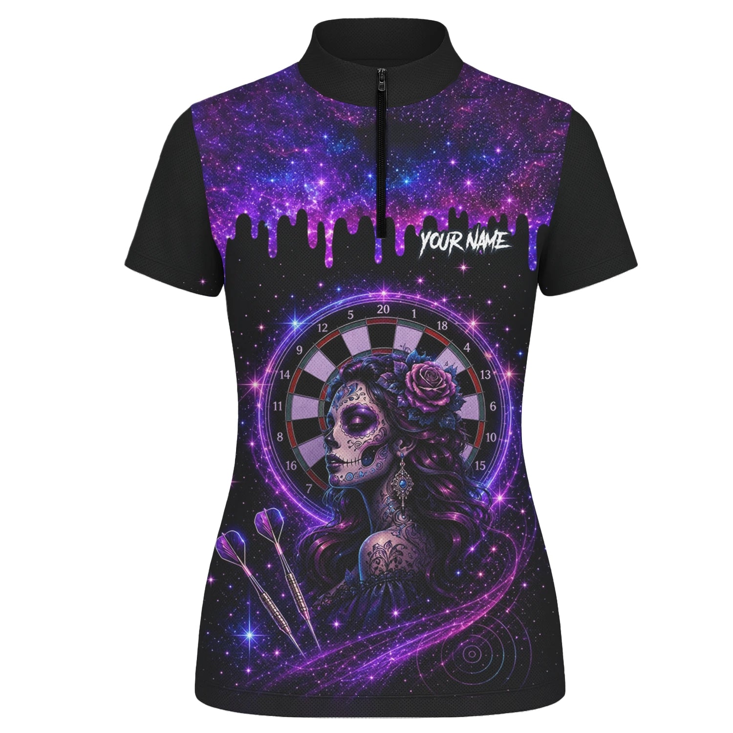 Personalisiertes Lila Galaxie Sugar-Skull-Dartshirt für Damen Z967