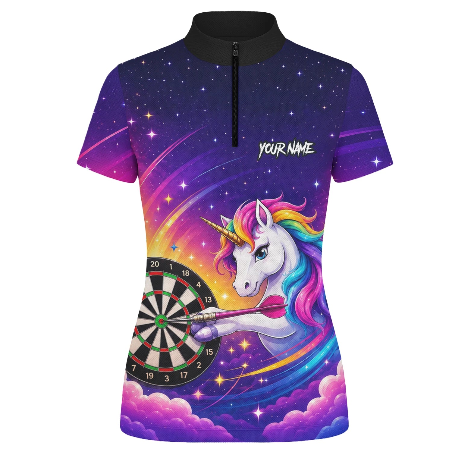 Personalisiertes Violettes Regenbogen-Einhorn-Dartshirt für Damen P431