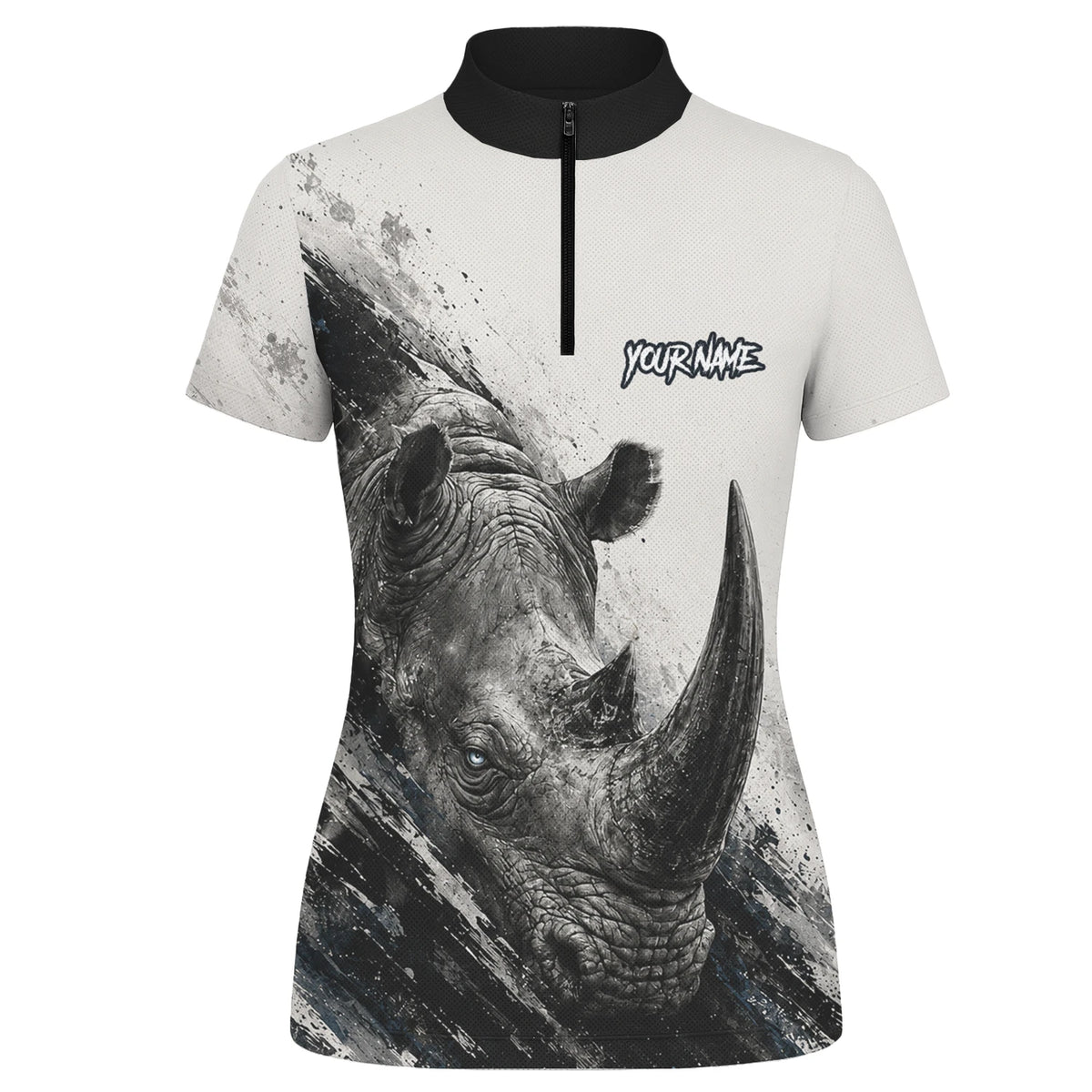 Personalisiertes Dartshirt mit weiß-schwarz-grauem Nashorn für Damen C312