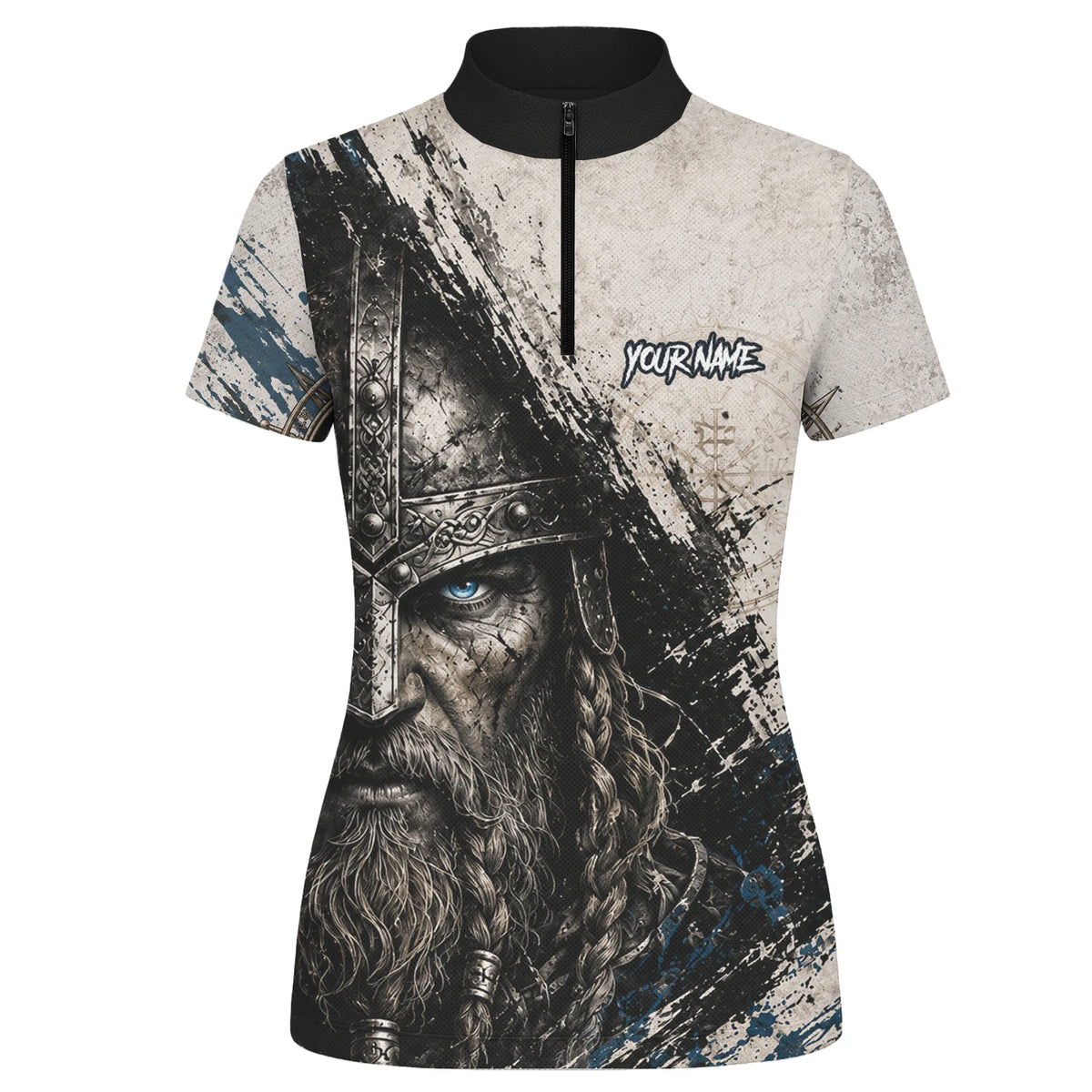 Personalisiertes Dartshirt mit weiß-schwarz-blauem Wikinger für Damen U843