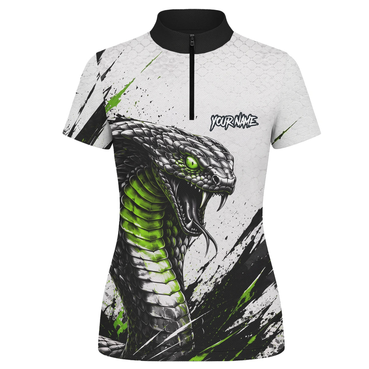 Personalisiertes Dartshirt mit weiß-schwarz-grüner Kobra für Damen A017