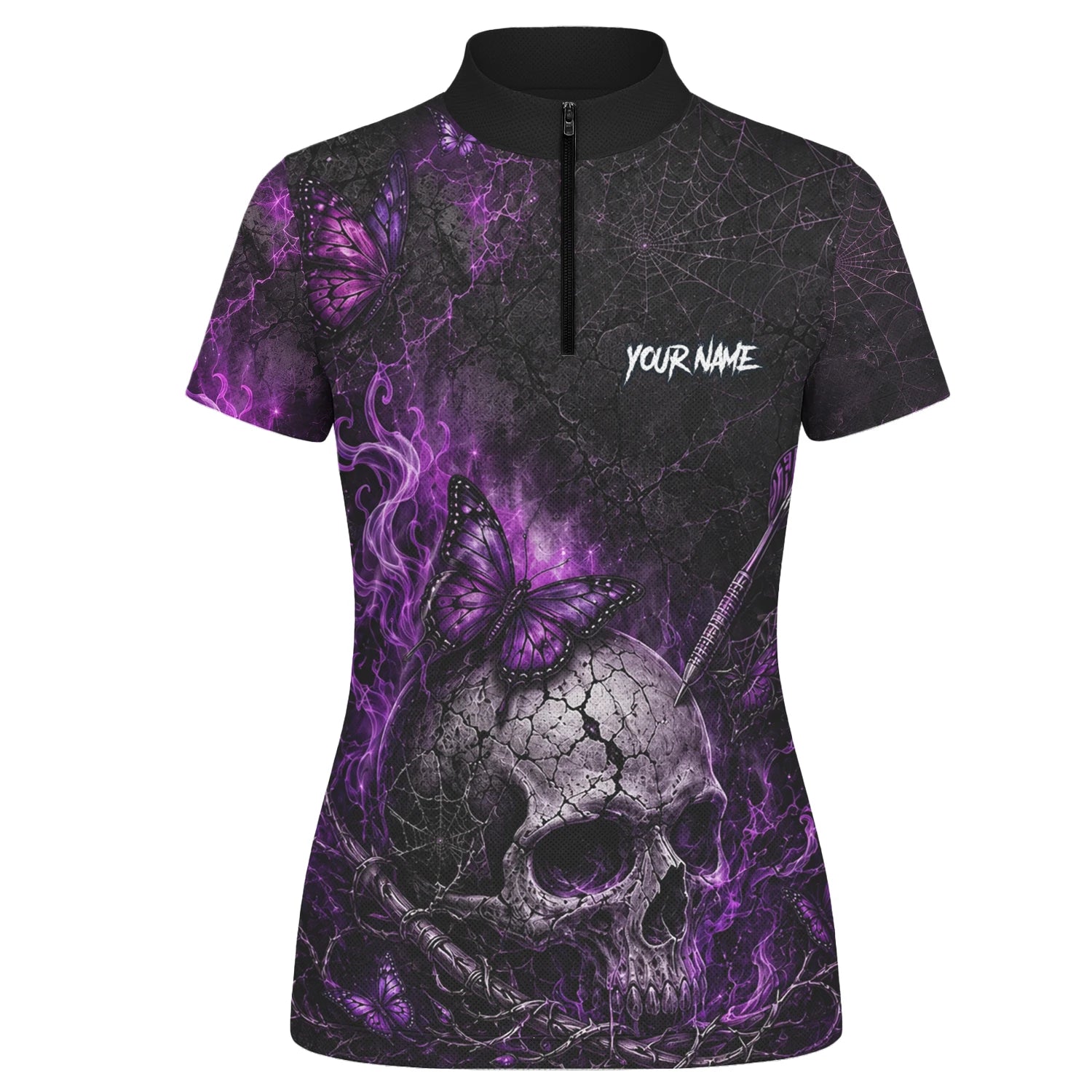Personalisiertes Schwarz-lila Totenkopf-Schmetterling-Dartshirt für Damen Q241