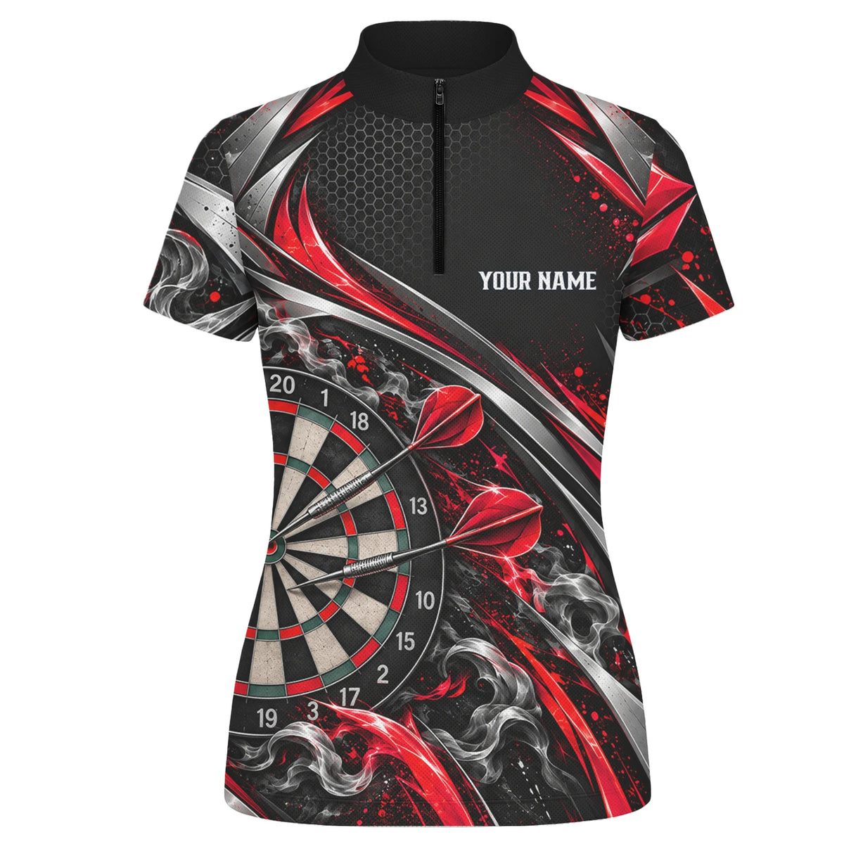 Personalisiertes Dartshirt in Schwarz, Rot und Silber mit geschwungenen Linien und Dartscheibe für Damen L9172